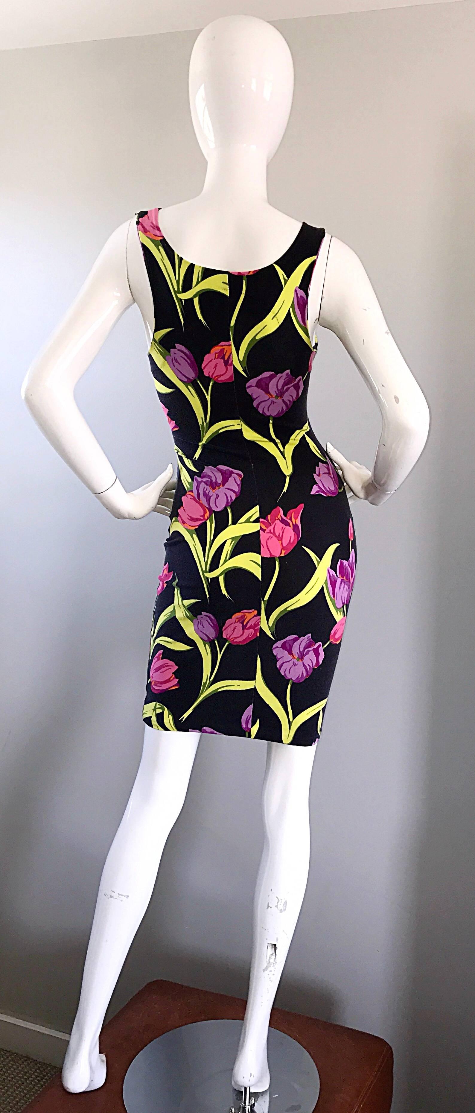 Vintage Betsey Johnson Early ' Punk Label ' Tulip Flower Print Bodycon Dress 1
