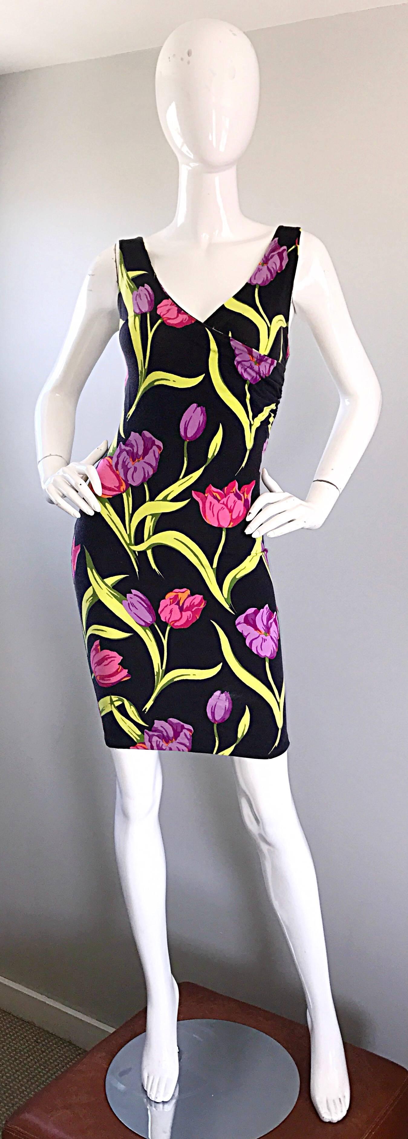 Vintage Betsey Johnson Early ' Punk Label ' Tulip Flower Print Bodycon Dress 2