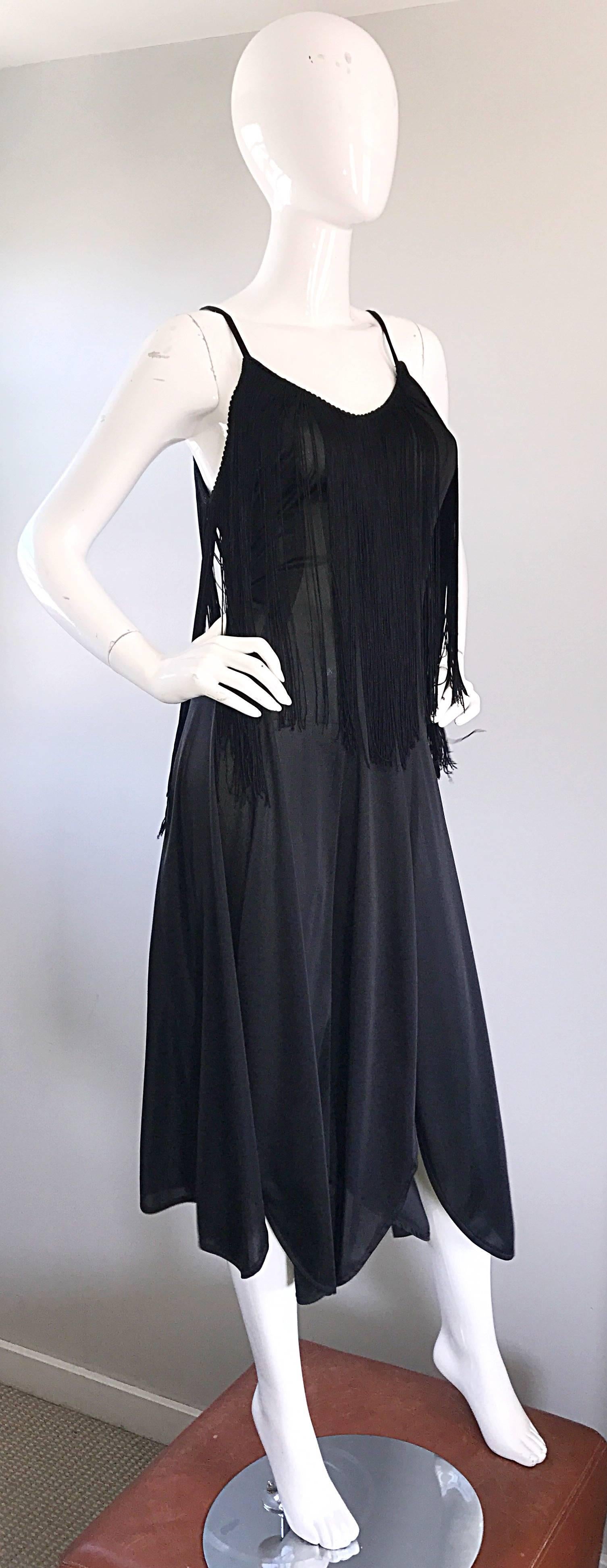 Women's Amazing 1970s Black Disco Fringe Handkerchief Hem Flapper Style Vintage Dress  For Sale