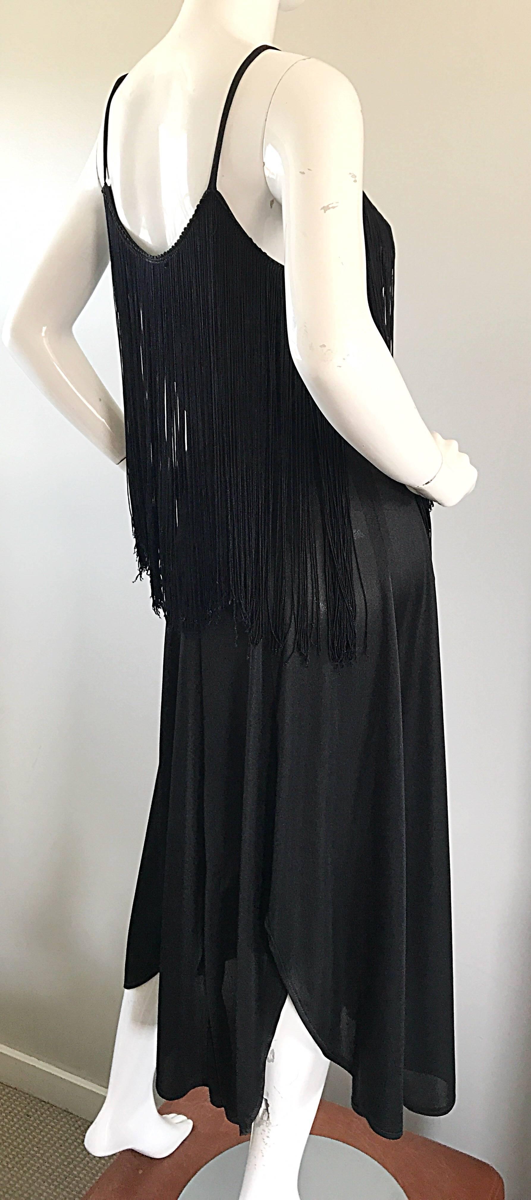 Amazing 1970s Black Disco Fringe Handkerchief Hem Flapper Style Vintage Dress  For Sale 1
