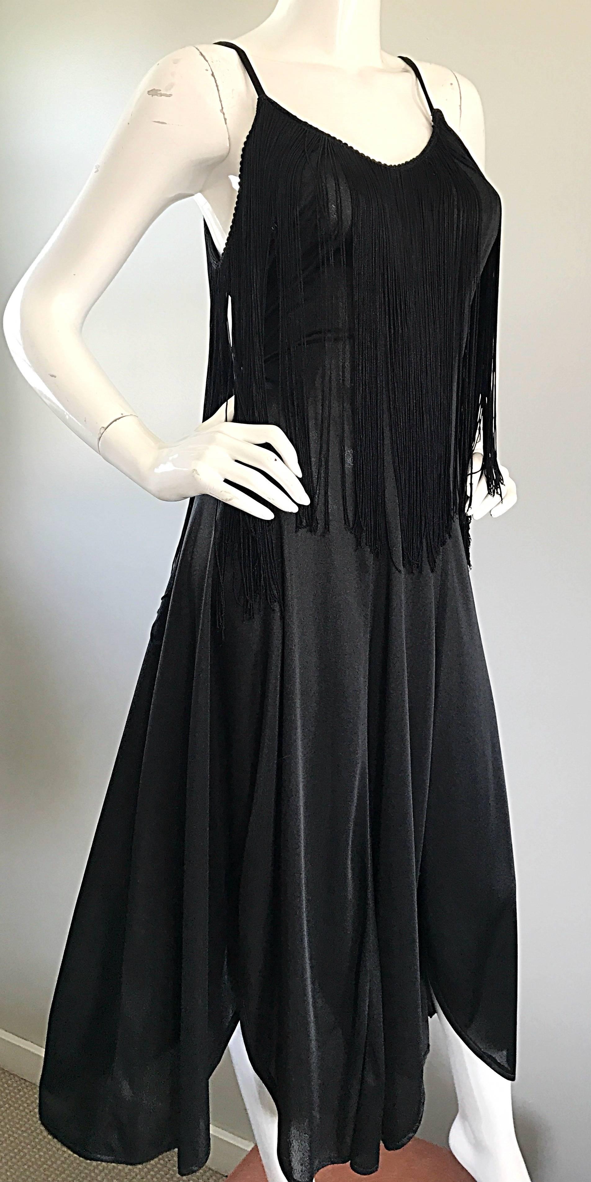 Amazing 1970s Black Disco Fringe Handkerchief Hem Flapper Style Vintage Dress  For Sale 2