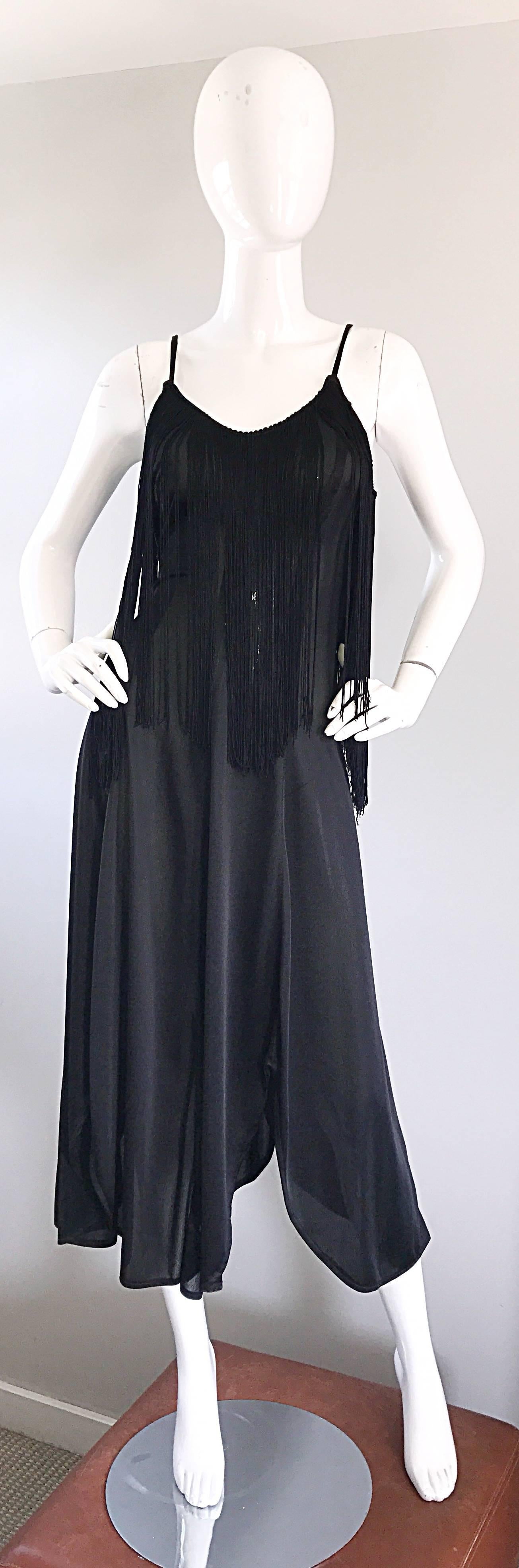 Amazing 1970s Black Disco Fringe Handkerchief Hem Flapper Style Vintage Dress  For Sale 3