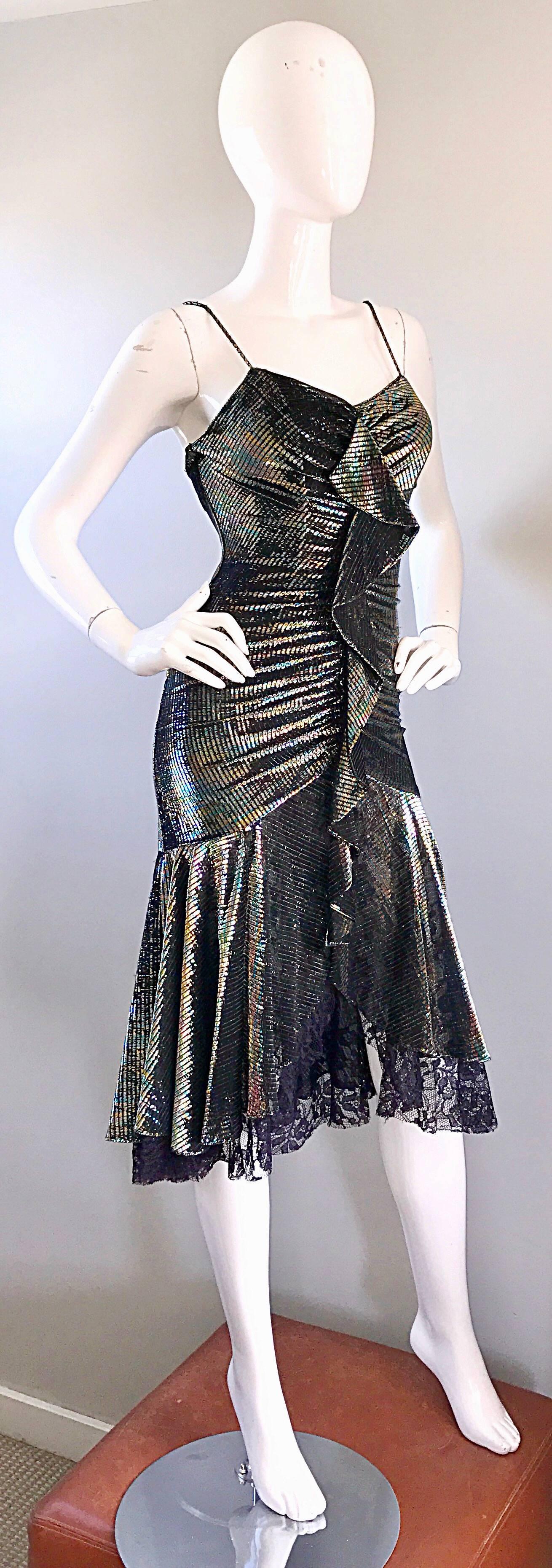 Women's 1970s Samir Rainbow Metallic Asymmetrical Lace Hem Vintage 70s Disco Dress