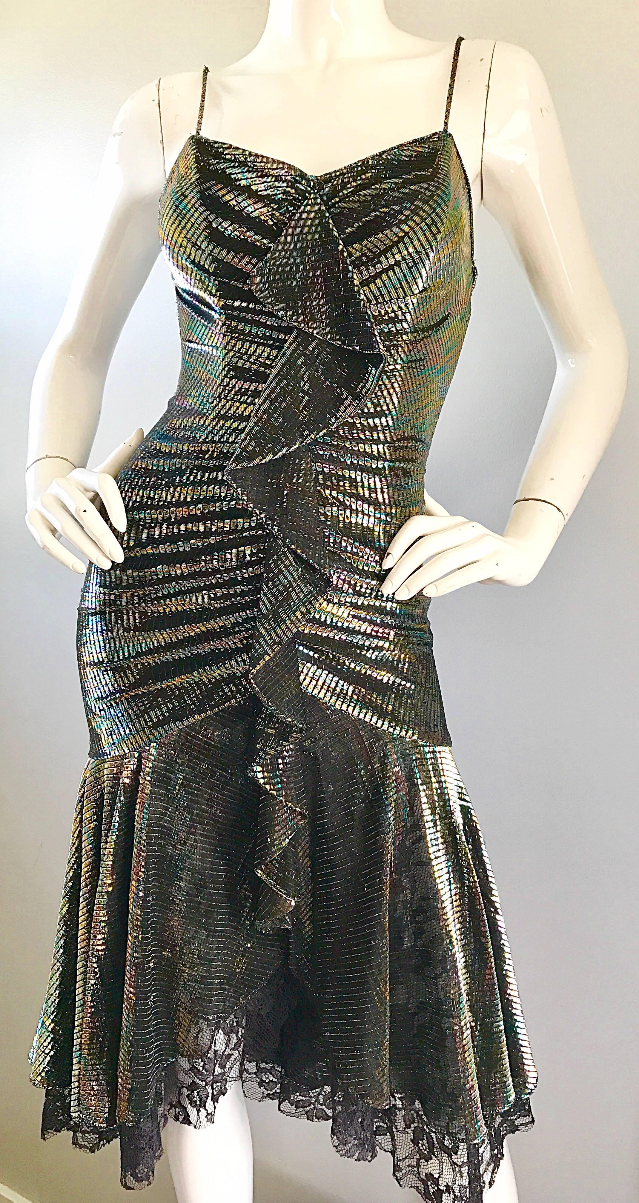 Black 1970s Samir Rainbow Metallic Asymmetrical Lace Hem Vintage 70s Disco Dress