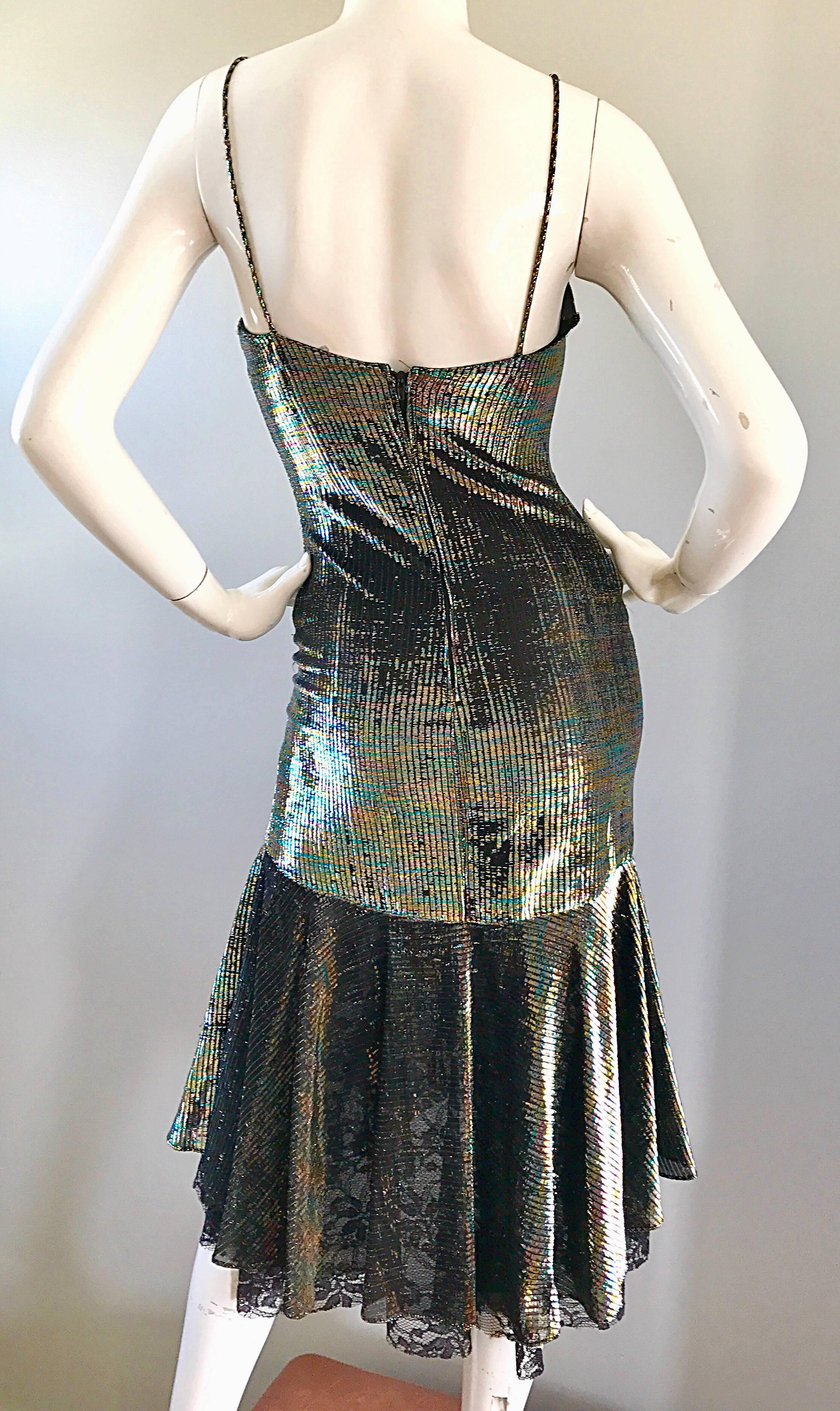 1970s Samir Rainbow Metallic Asymmetrical Lace Hem Vintage 70s Disco Dress 1