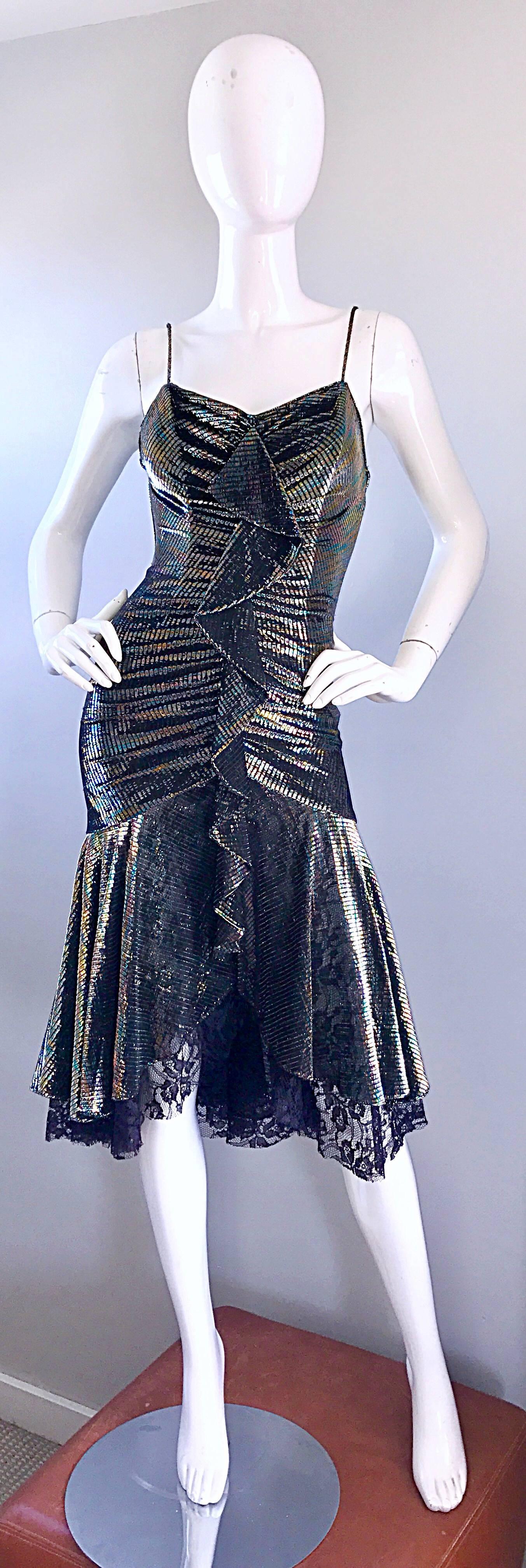 1970s Samir Rainbow Metallic Asymmetrical Lace Hem Vintage 70s Disco Dress 2