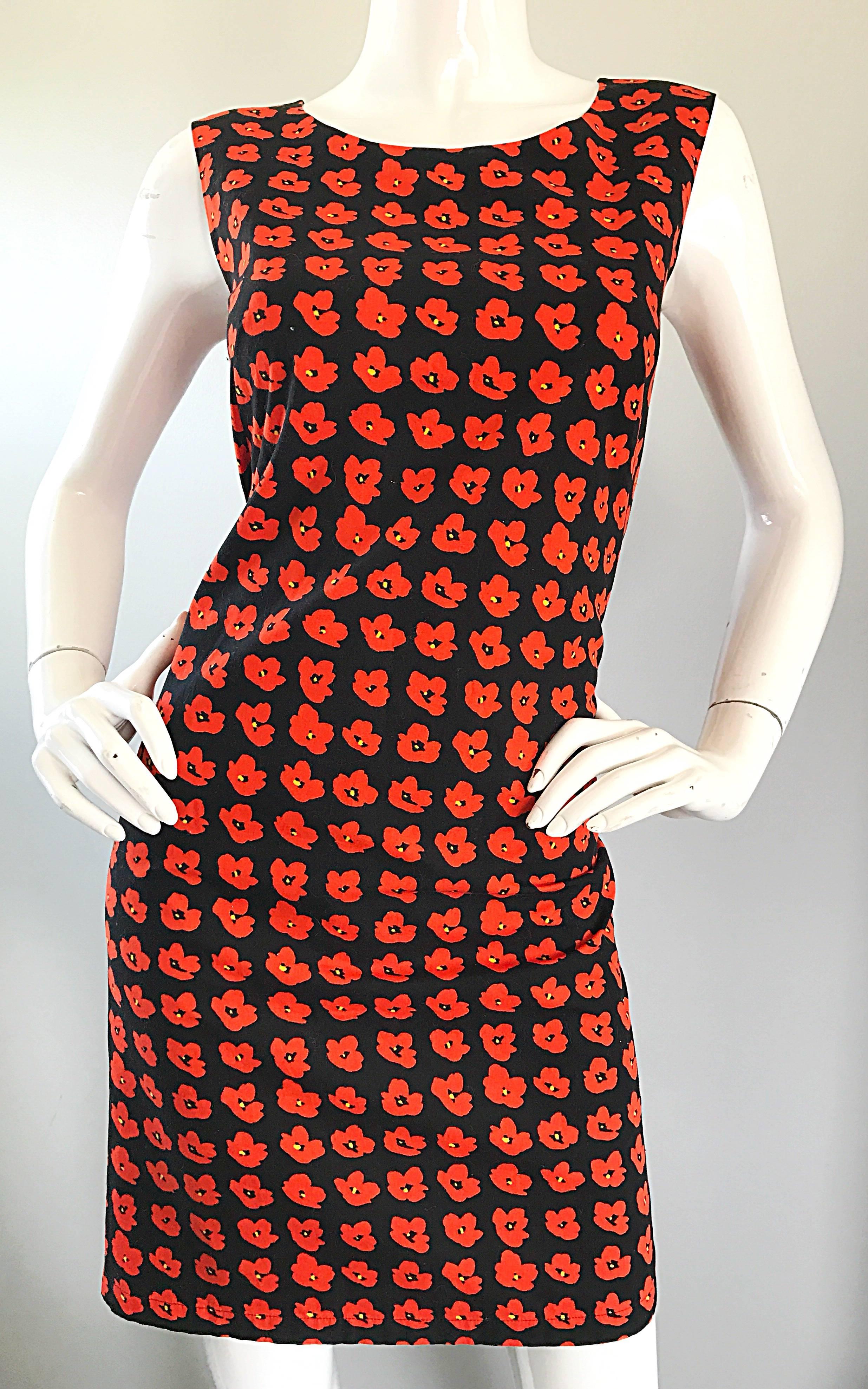 Women's 1990s Agnes B Size 38 Poppy Flower 3 - D Print Red and Black Vintage 90s Dress