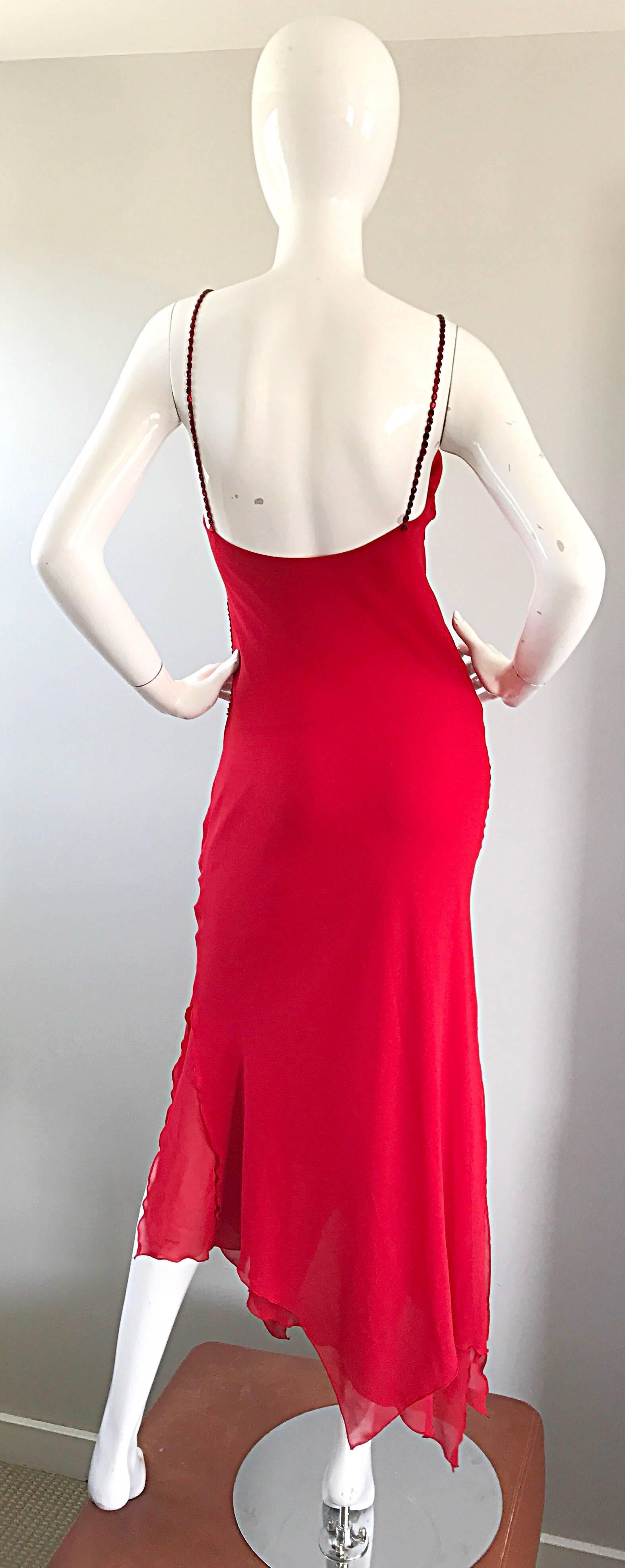 Incredible 1970s Lipstick Red Chiffon Handkerchief Vintage Sequin Disco Dress In Excellent Condition In San Diego, CA