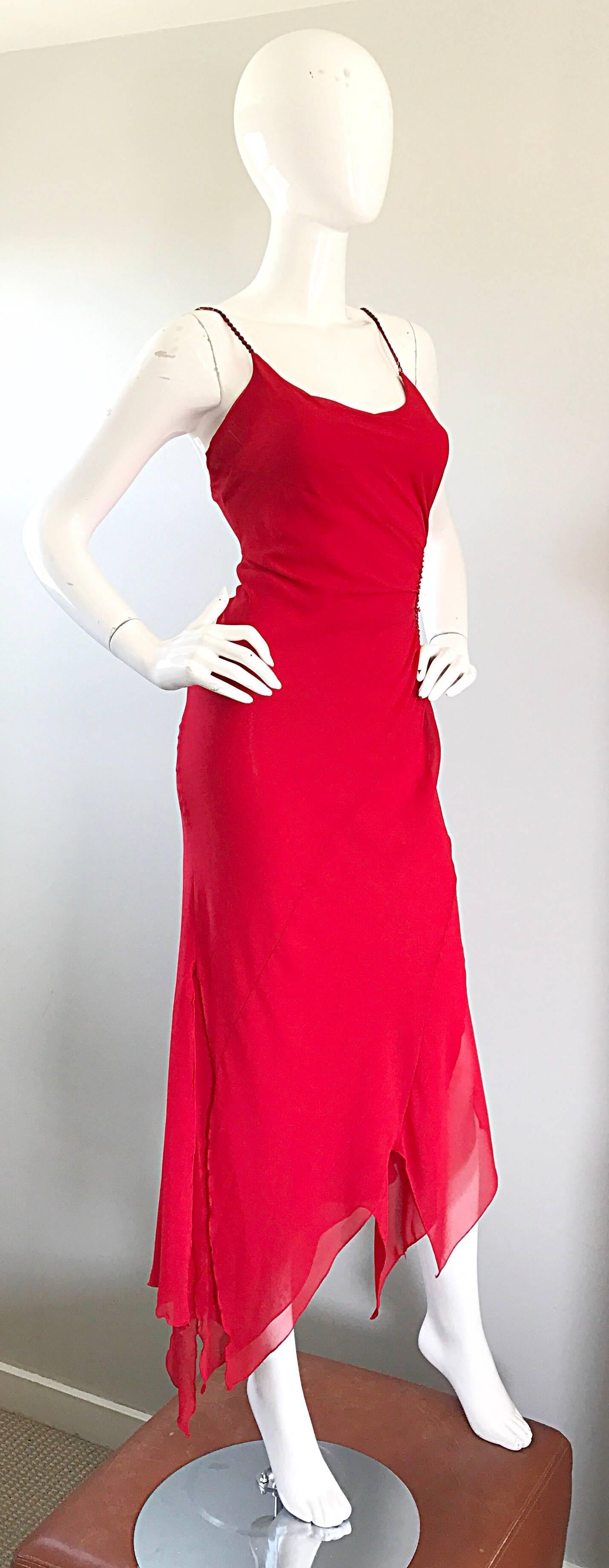 Women's Incredible 1970s Lipstick Red Chiffon Handkerchief Vintage Sequin Disco Dress