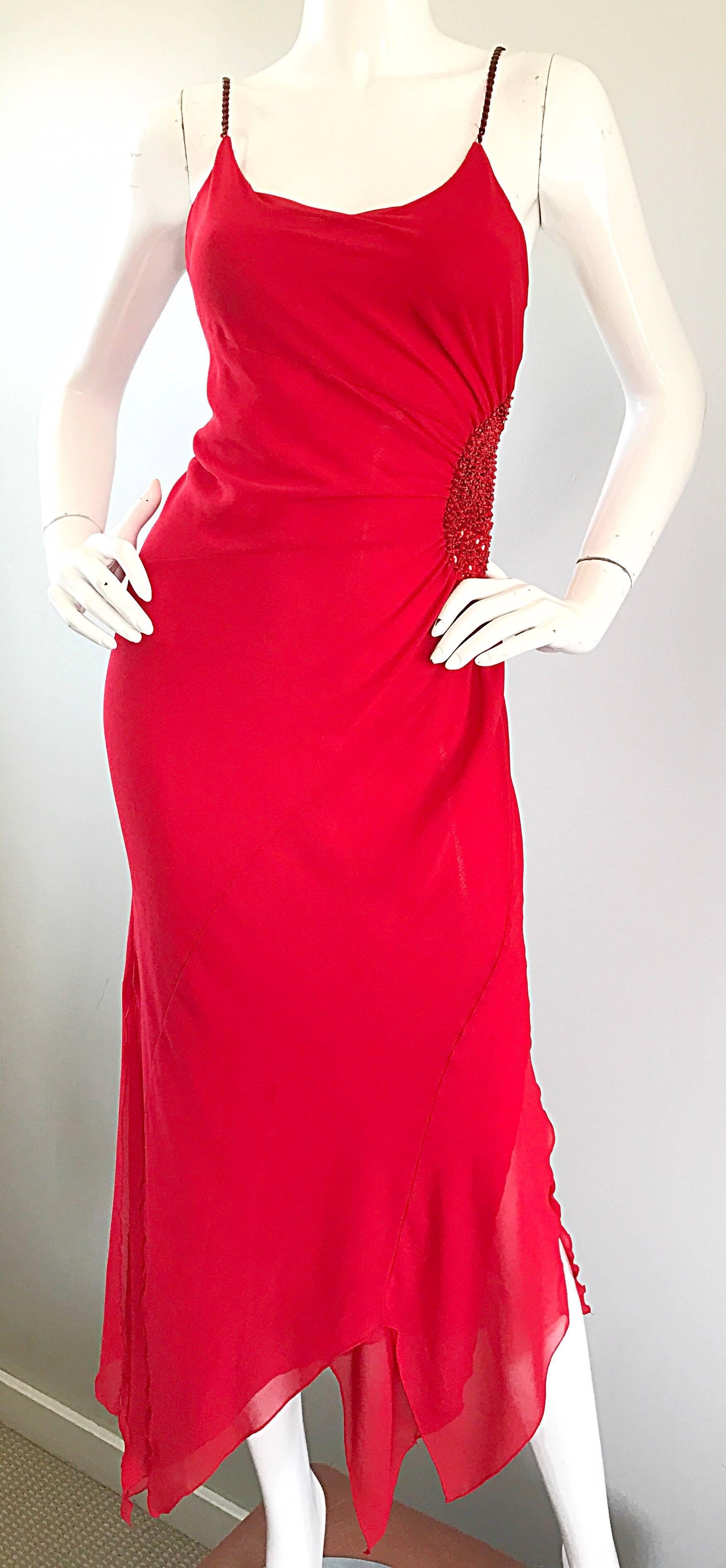 Incredible 1970s Lipstick Red Chiffon Handkerchief Vintage Sequin Disco Dress 1