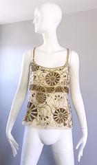 Tallas Grandes Vintage Emanuel Ungaro 1990s Beige + Dorado Top de Cuentas de Gasa de Seda de los años 90