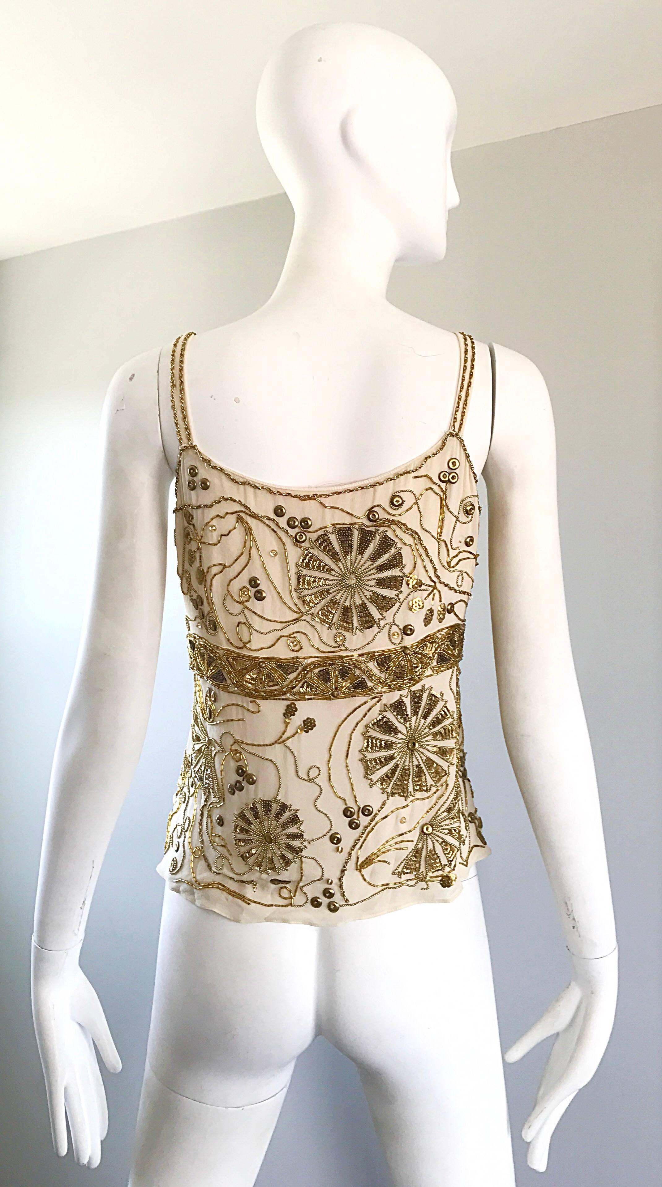 Women's Plus Size Vintage Emanuel Ungaro 1990s Beige + Gold Silk Chiffon 90s Beaded Top For Sale