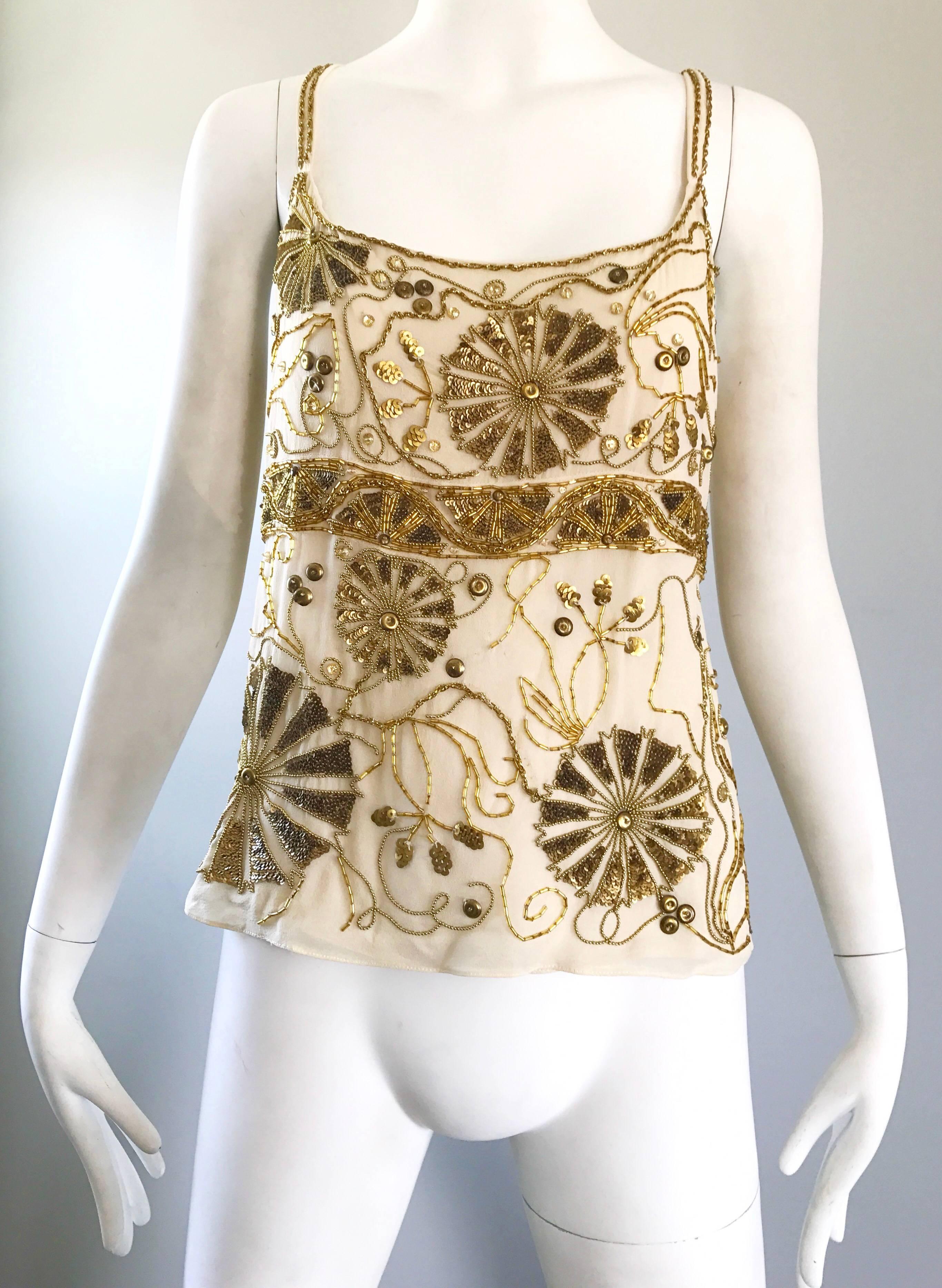 Plus Size Vintage Emanuel Ungaro 1990s Beige + Gold Silk Chiffon 90s Beaded Top For Sale 2