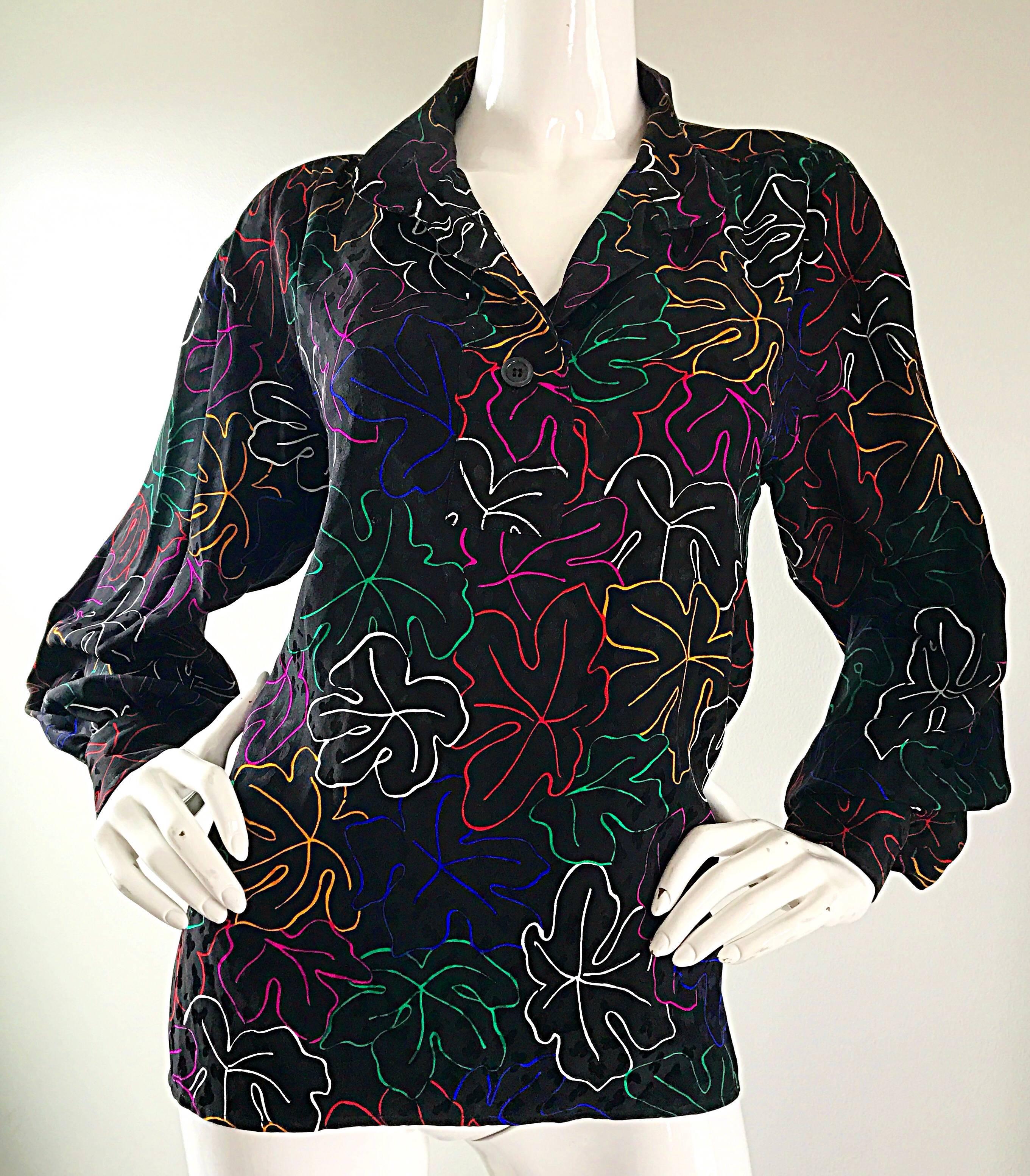 1970s YVES SAINT LAURENT Silk Leaf Print Vibrant Vintage 70s Blouse Top  In Excellent Condition In San Diego, CA