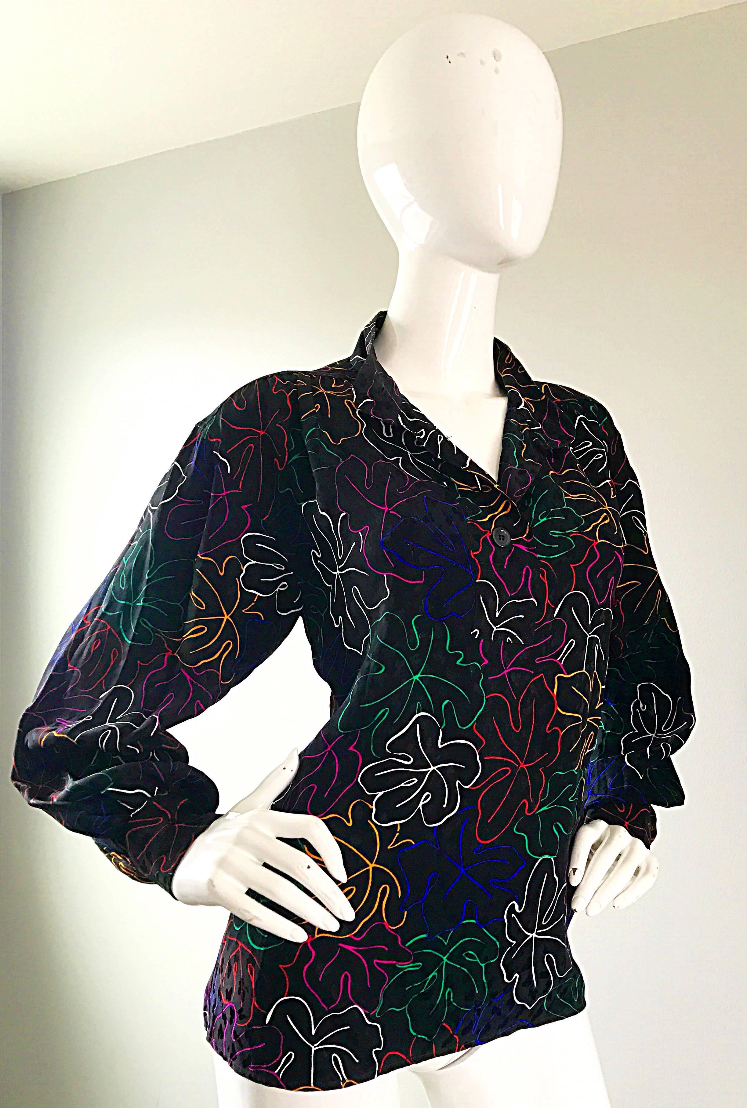 1970s YVES SAINT LAURENT Silk Leaf Print Vibrant Vintage 70s Blouse Top  3