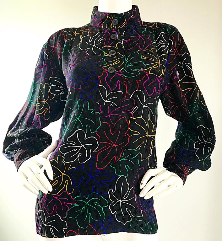 1970s YVES SAINT LAURENT Silk Leaf Print Vibrant Vintage 70s Blouse Top ...