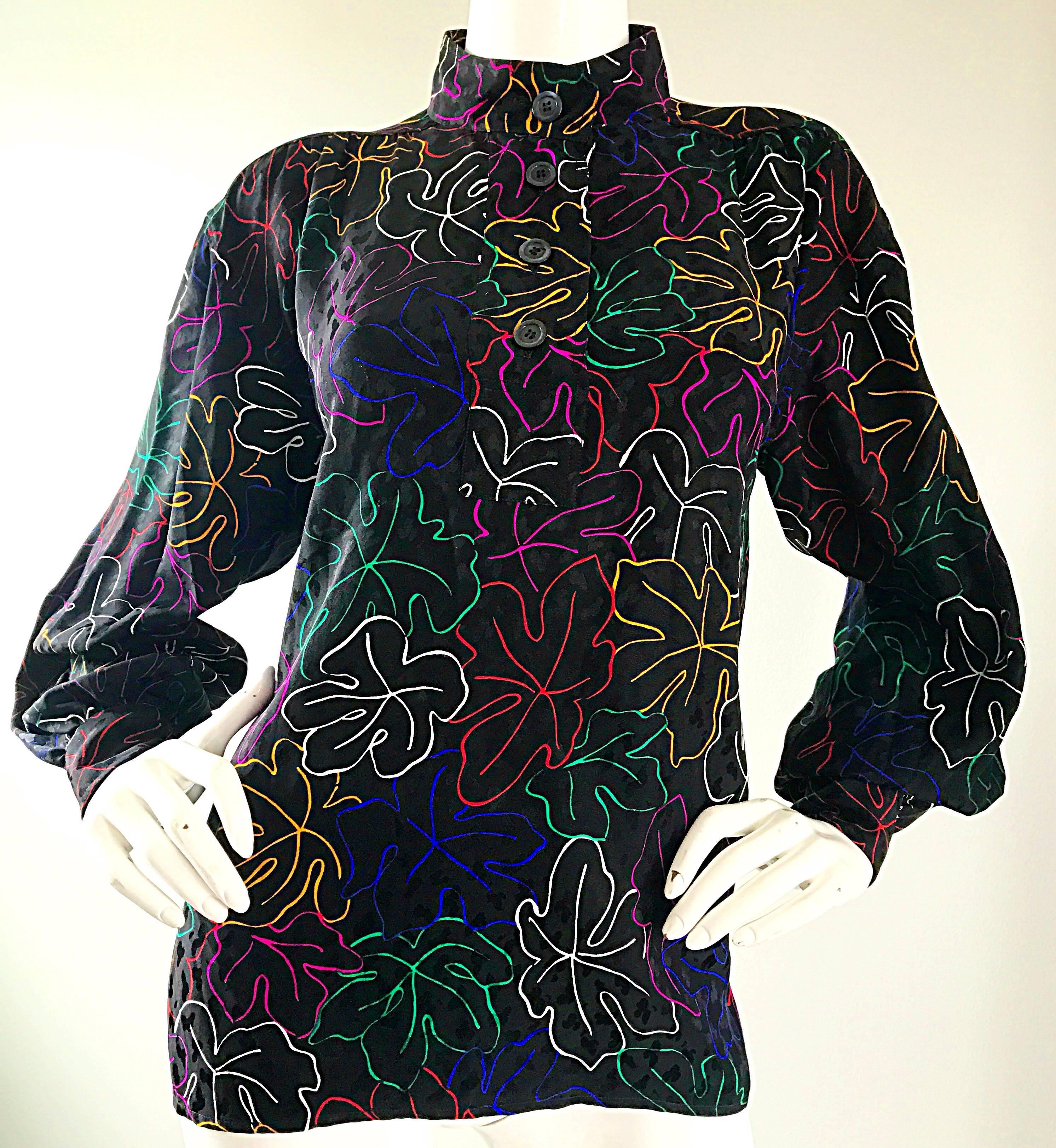 1970s YVES SAINT LAURENT Silk Leaf Print Vibrant Vintage 70s Blouse Top  2