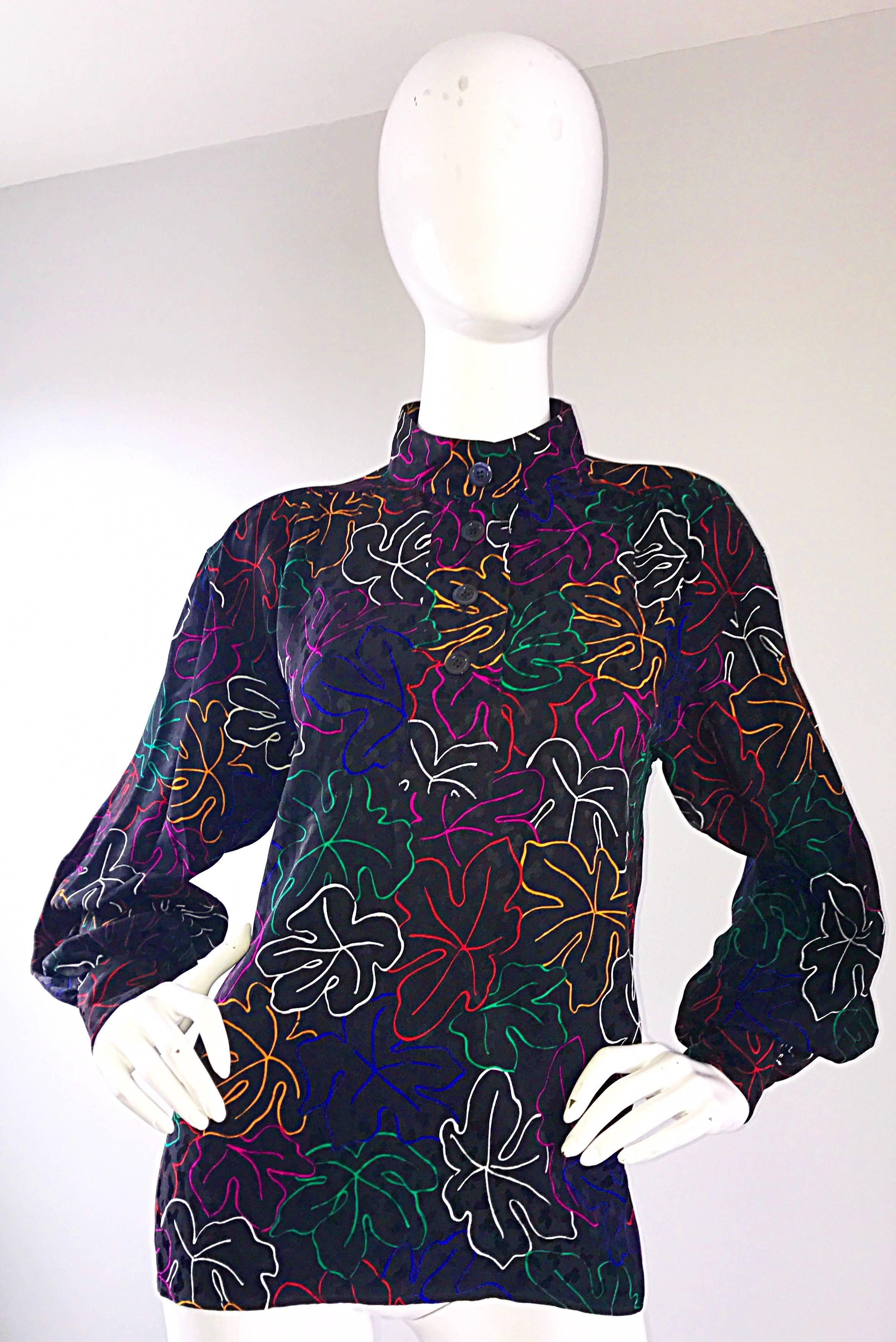 1970s YVES SAINT LAURENT Silk Leaf Print Vibrant Vintage 70s Blouse Top  4