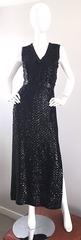1970s Lillie Rubin Black Silk Sequin Belted Vintage 70s Sleeveless Evening Dress
