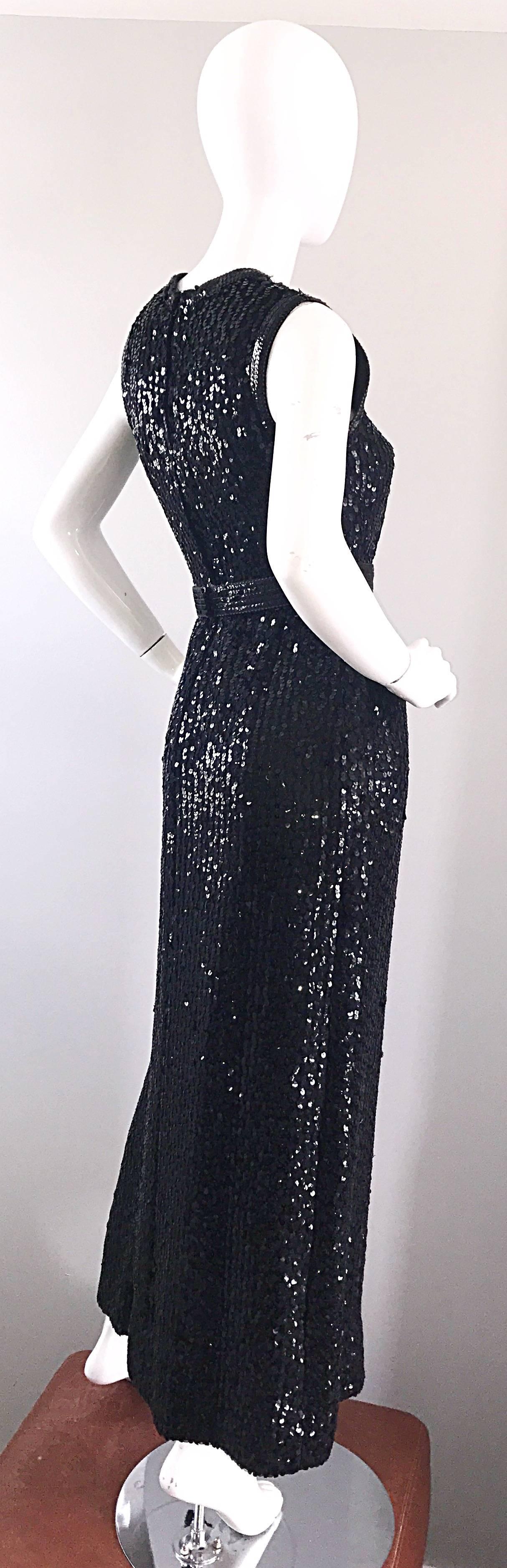 1970s Lillie Rubin Black Silk Sequin Belted Vintage 70s Sleeveless Evening Dress In Excellent Condition For Sale In San Diego, CA