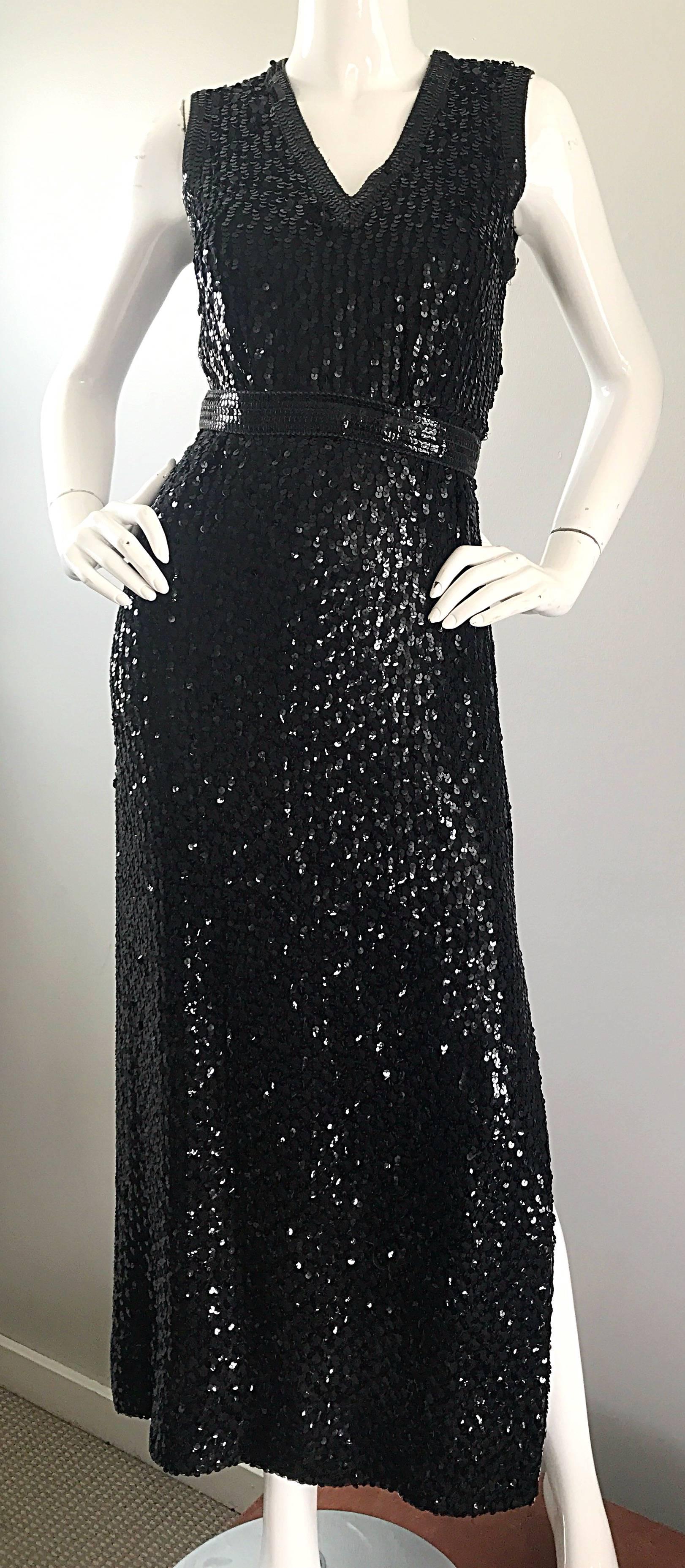 Women's 1970s Lillie Rubin Black Silk Sequin Belted Vintage 70s Sleeveless Evening Dress For Sale