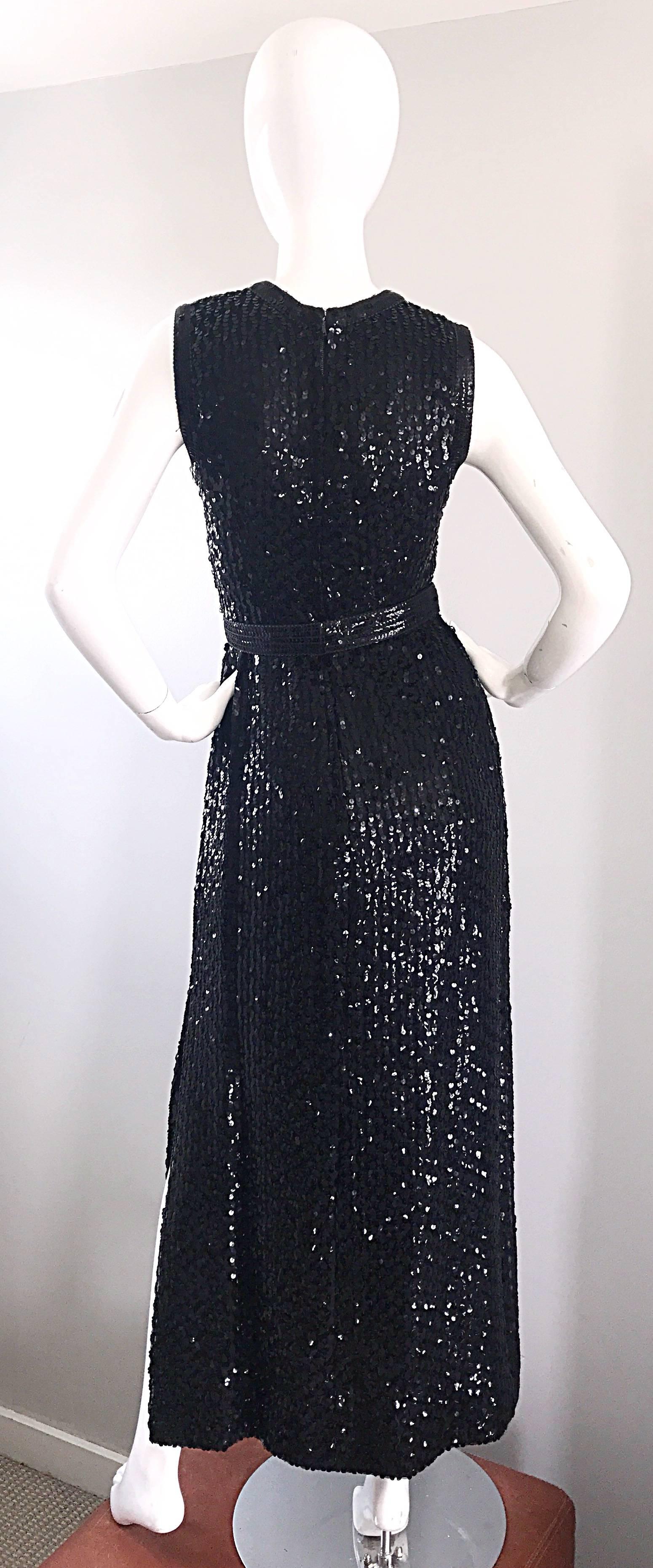 1970s Lillie Rubin Black Silk Sequin Belted Vintage 70s Sleeveless Evening Dress For Sale 1