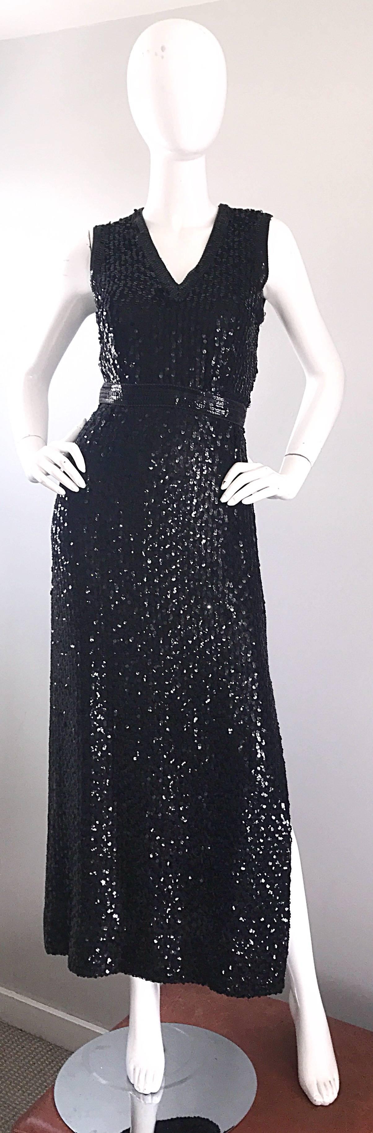 1970s Lillie Rubin Black Silk Sequin Belted Vintage 70s Sleeveless Evening Dress For Sale 2