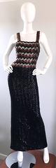 1970s Sequined Black + Brown + Silver Vintage 70s Knit Sexy Evening Gown Dress