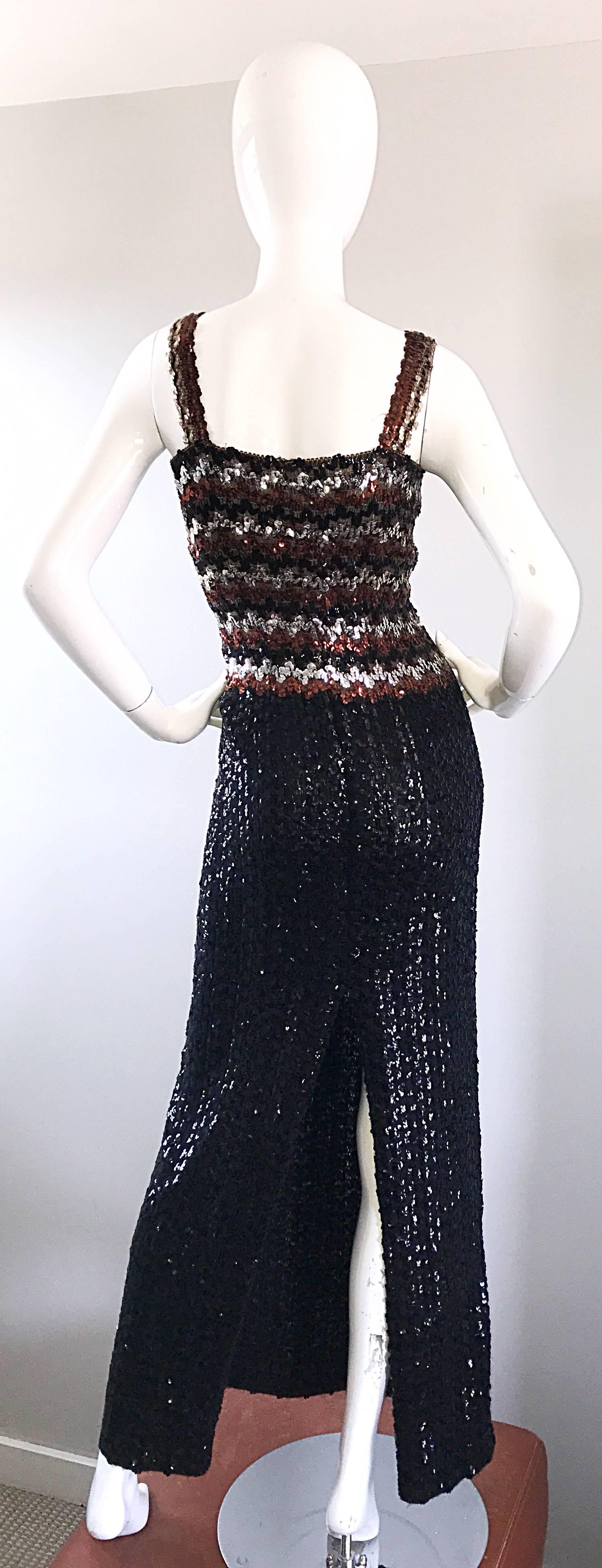 1970s Sequined Black + Brown + Silver Vintage 70s Knit Sexy Evening Gown Dress In Excellent Condition For Sale In San Diego, CA