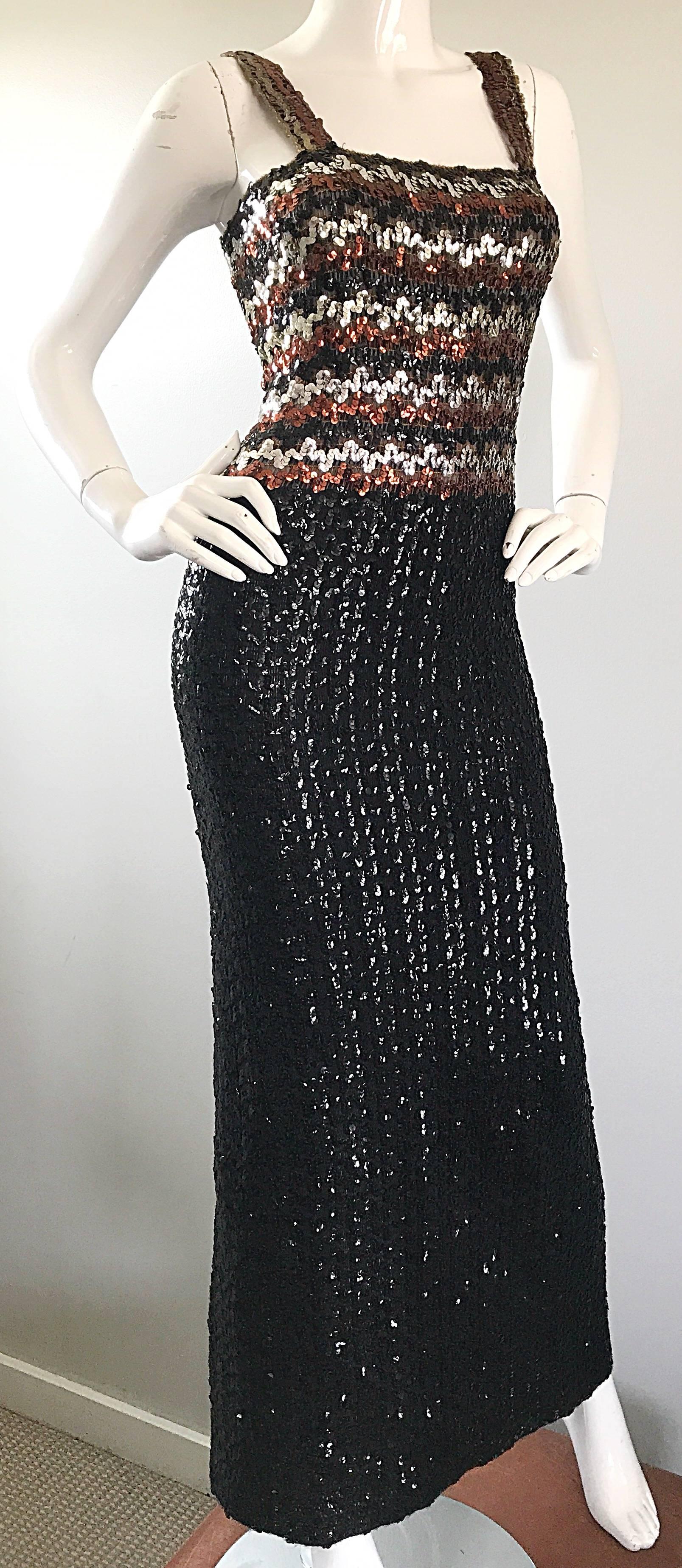 Women's 1970s Sequined Black + Brown + Silver Vintage 70s Knit Sexy Evening Gown Dress For Sale