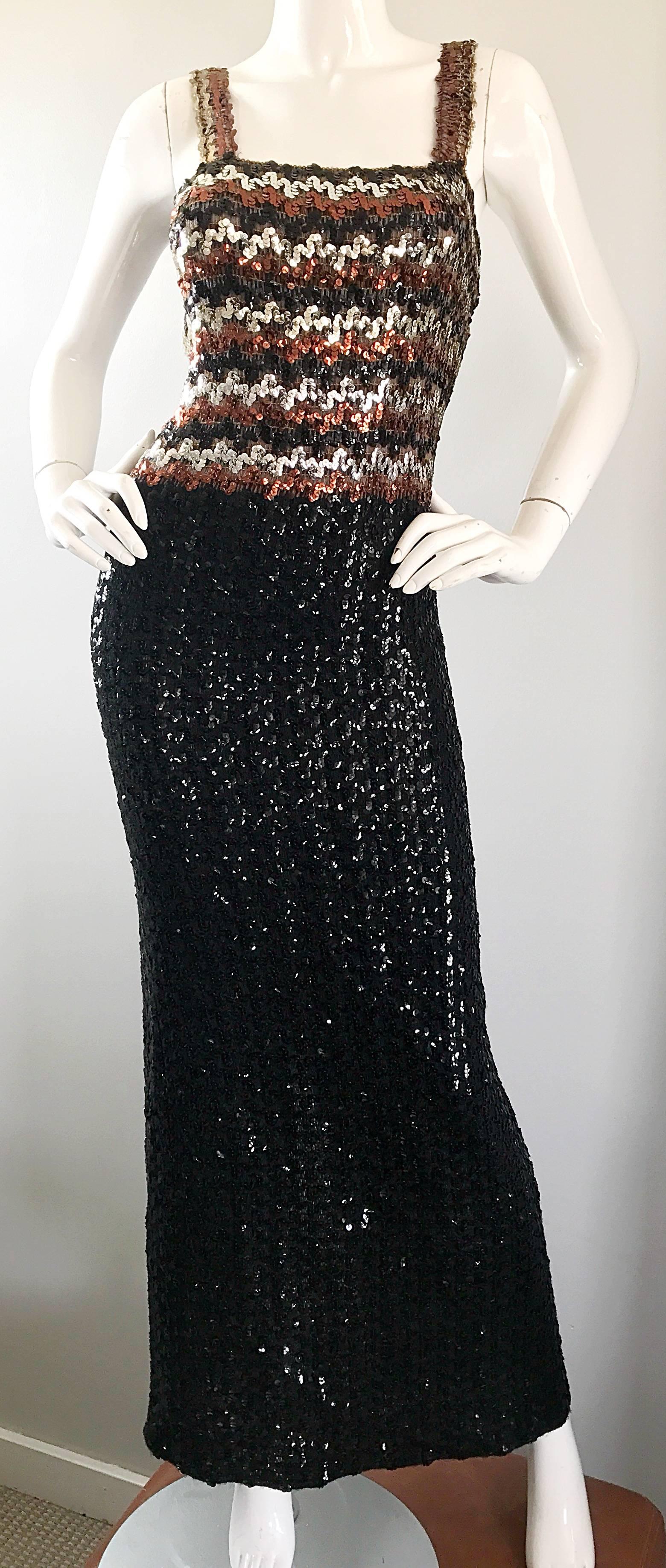 1970s Sequined Black + Brown + Silver Vintage 70s Knit Sexy Evening Gown Dress For Sale 1