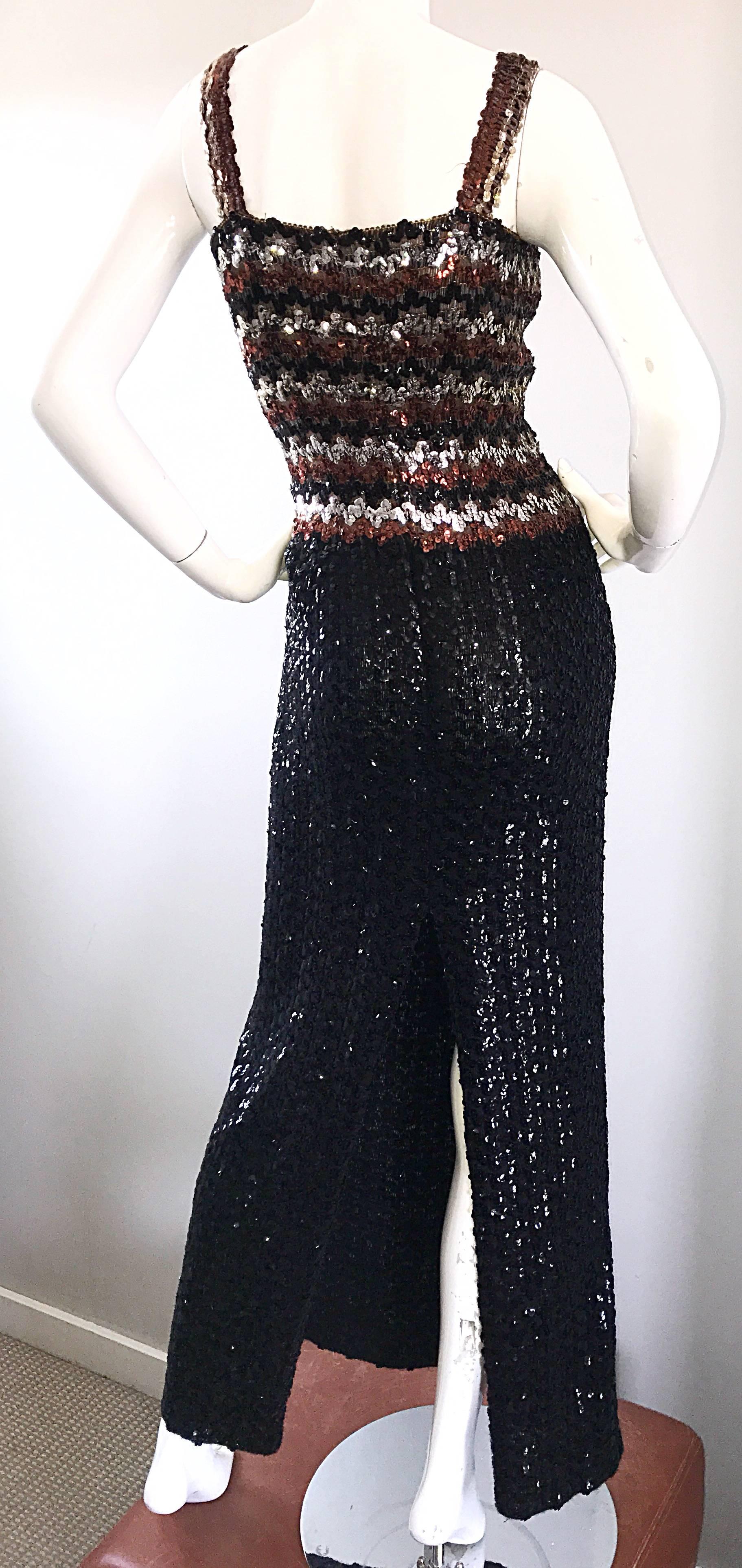1970s Sequined Black + Brown + Silver Vintage 70s Knit Sexy Evening Gown Dress For Sale 2