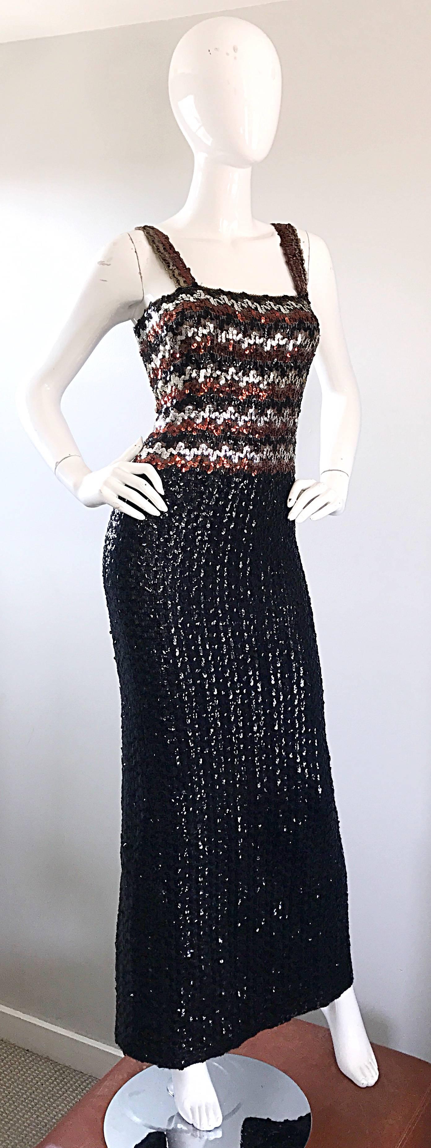 1970s Sequined Black + Brown + Silver Vintage 70s Knit Sexy Evening Gown Dress For Sale 3