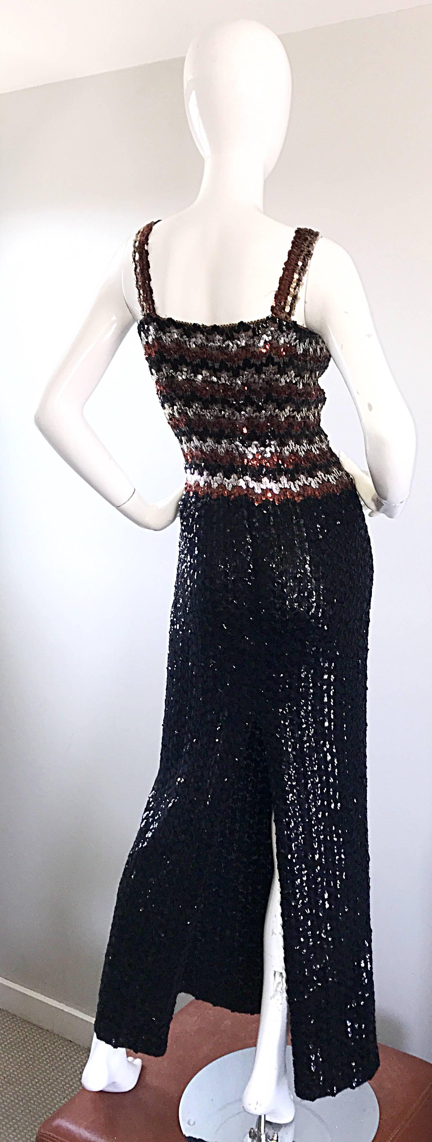 1970s Sequined Black + Brown + Silver Vintage 70s Knit Sexy Evening Gown Dress For Sale 4
