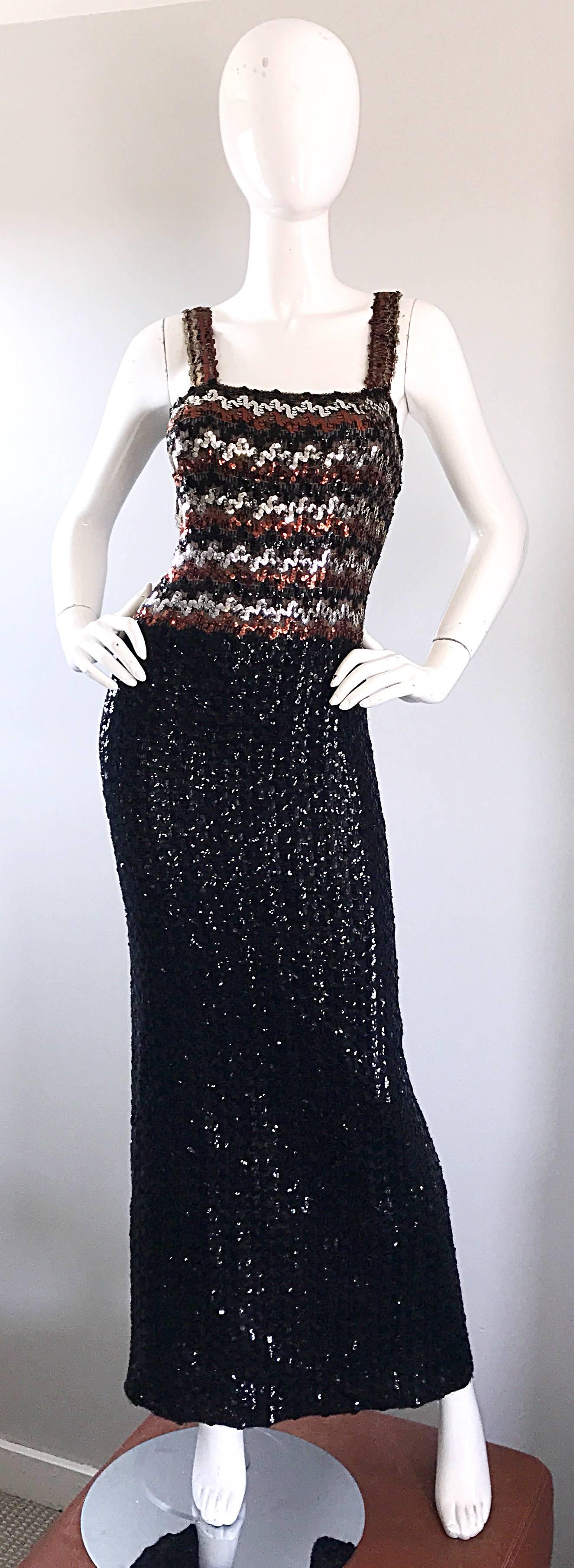 1970s Sequined Black + Brown + Silver Vintage 70s Knit Sexy Evening Gown Dress For Sale 5