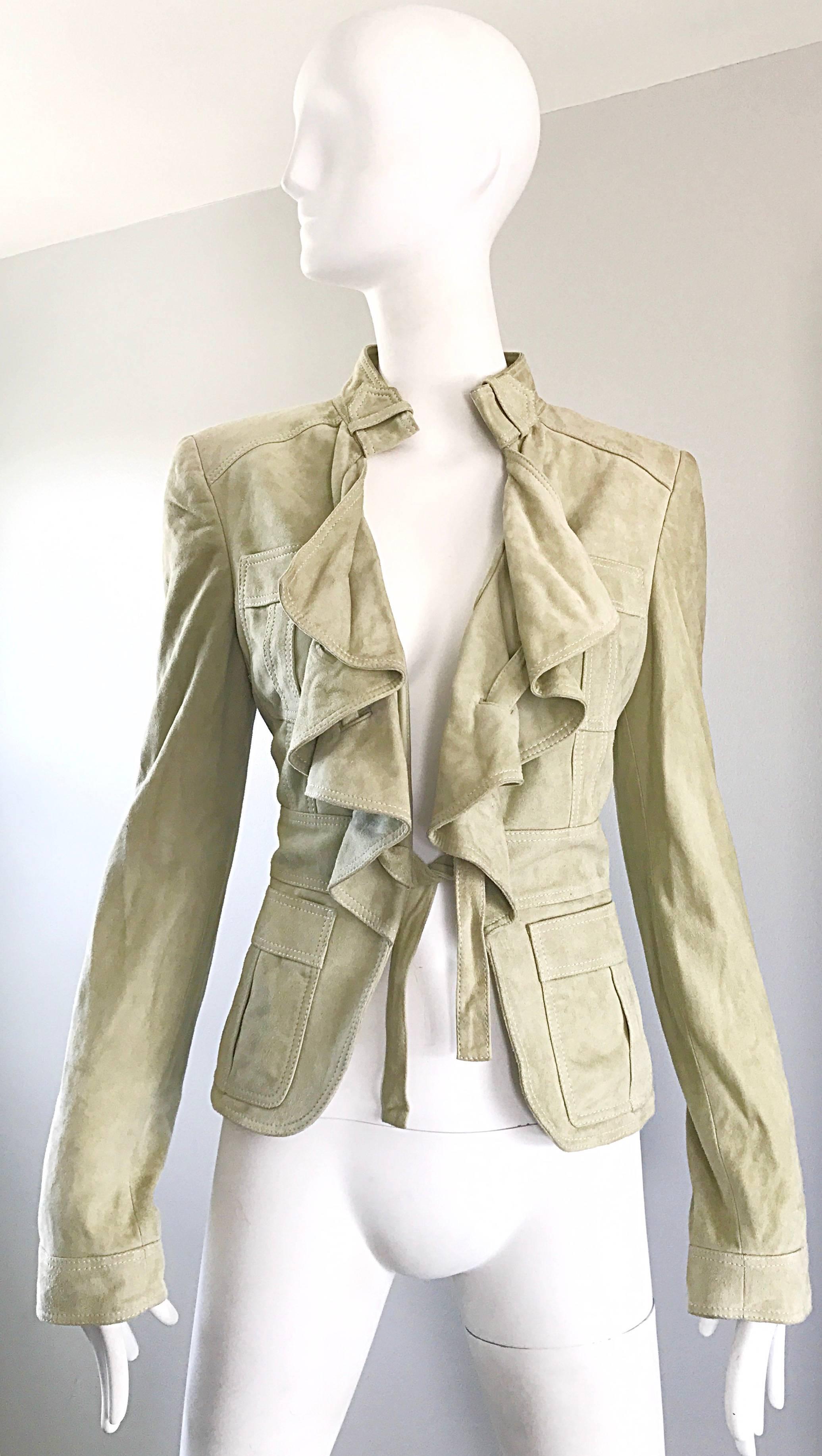 TOM FORD for GUCCI late 90s light pistachio khaki suede leather ruffle moto jacket! Intricate detail, with no attention to design spared! Features ruffle down the front bodice, with a suede tie at waist. Pockets at each side of the waist and each
