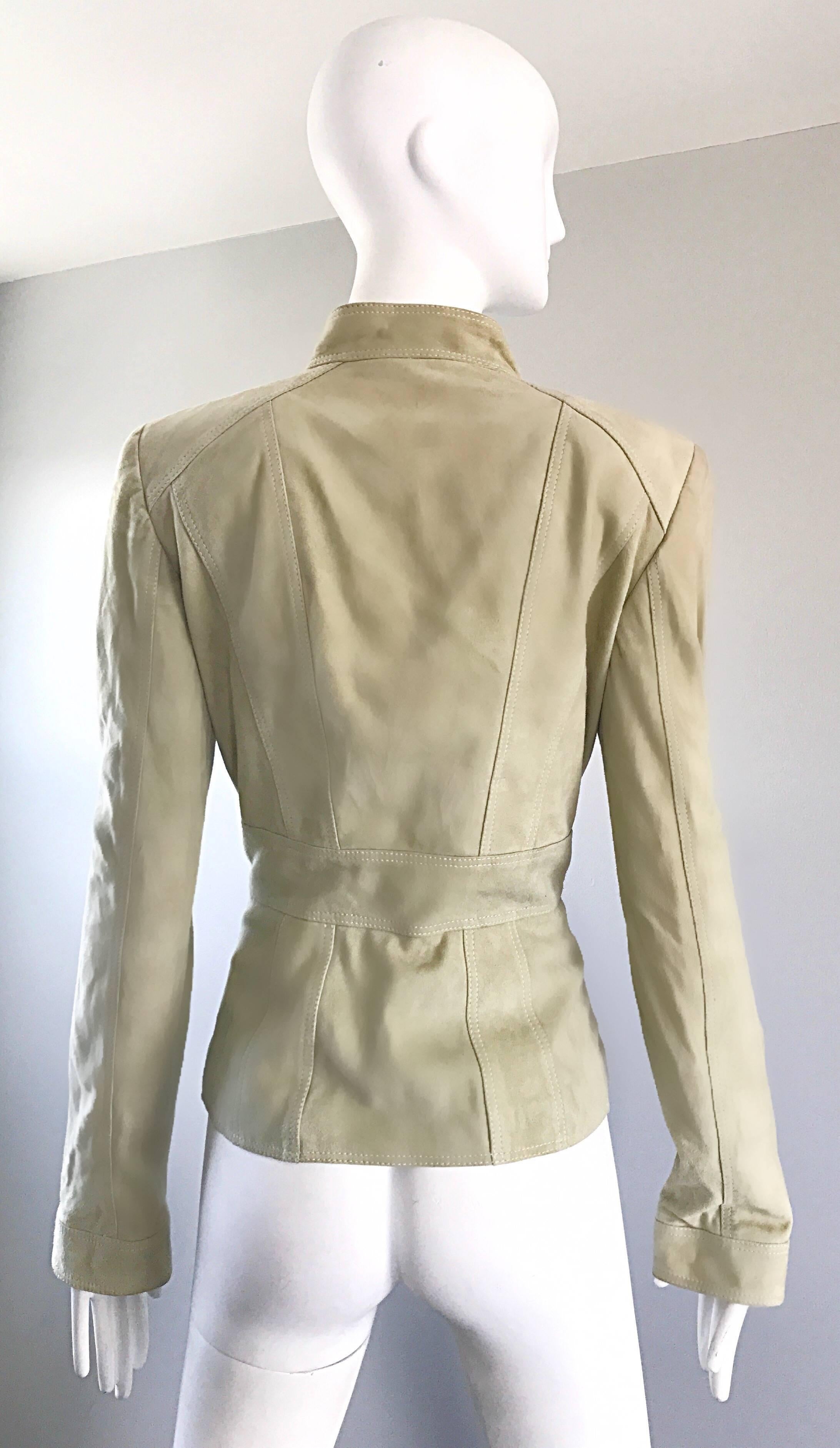 Beige Tom Ford for Gucci Pistachio Khaki Suede Leather 1990s Vintage Ruffle Jacket 