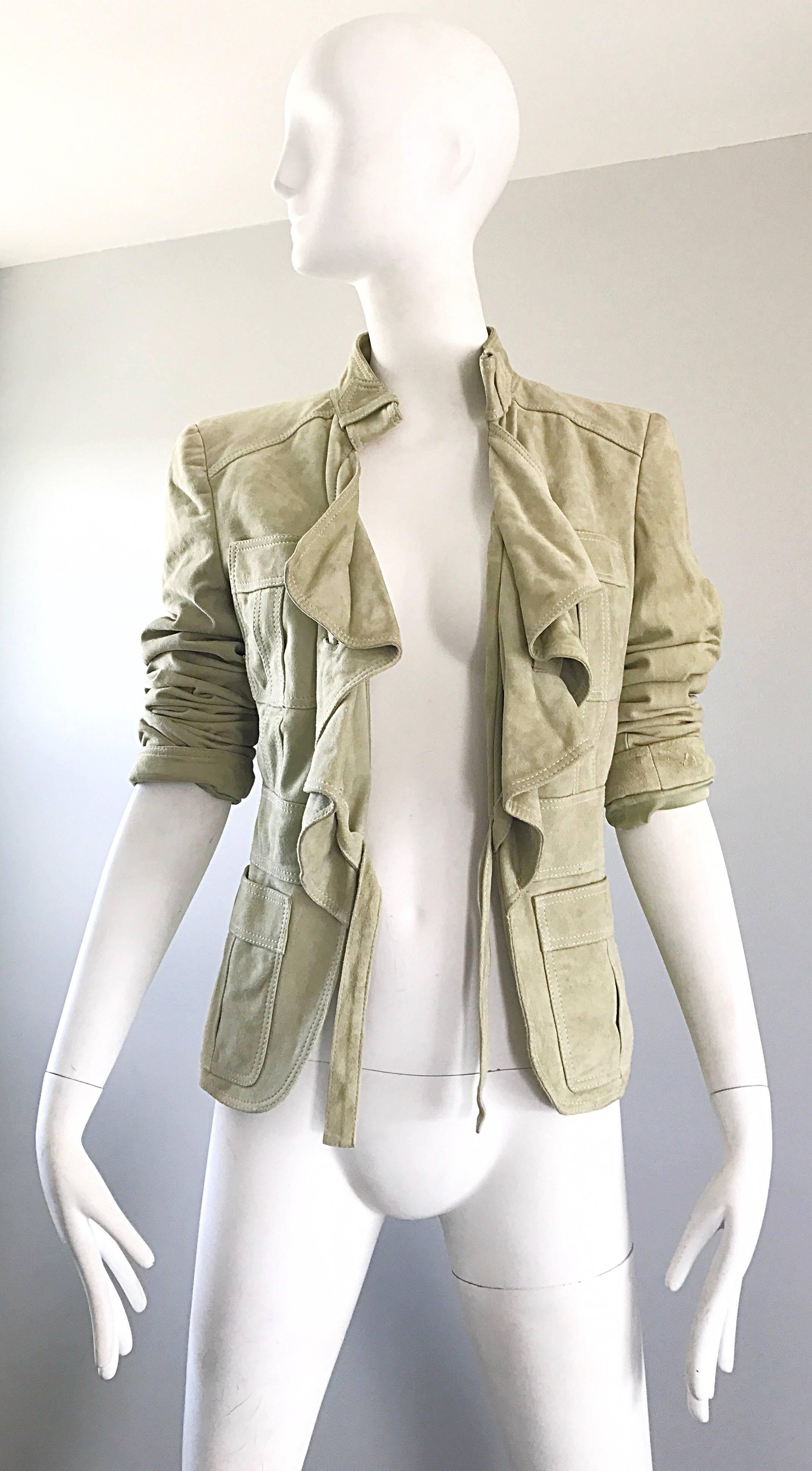 Tom Ford for Gucci Pistachio Khaki Suede Leather 1990s Vintage Ruffle Jacket In Excellent Condition In San Diego, CA