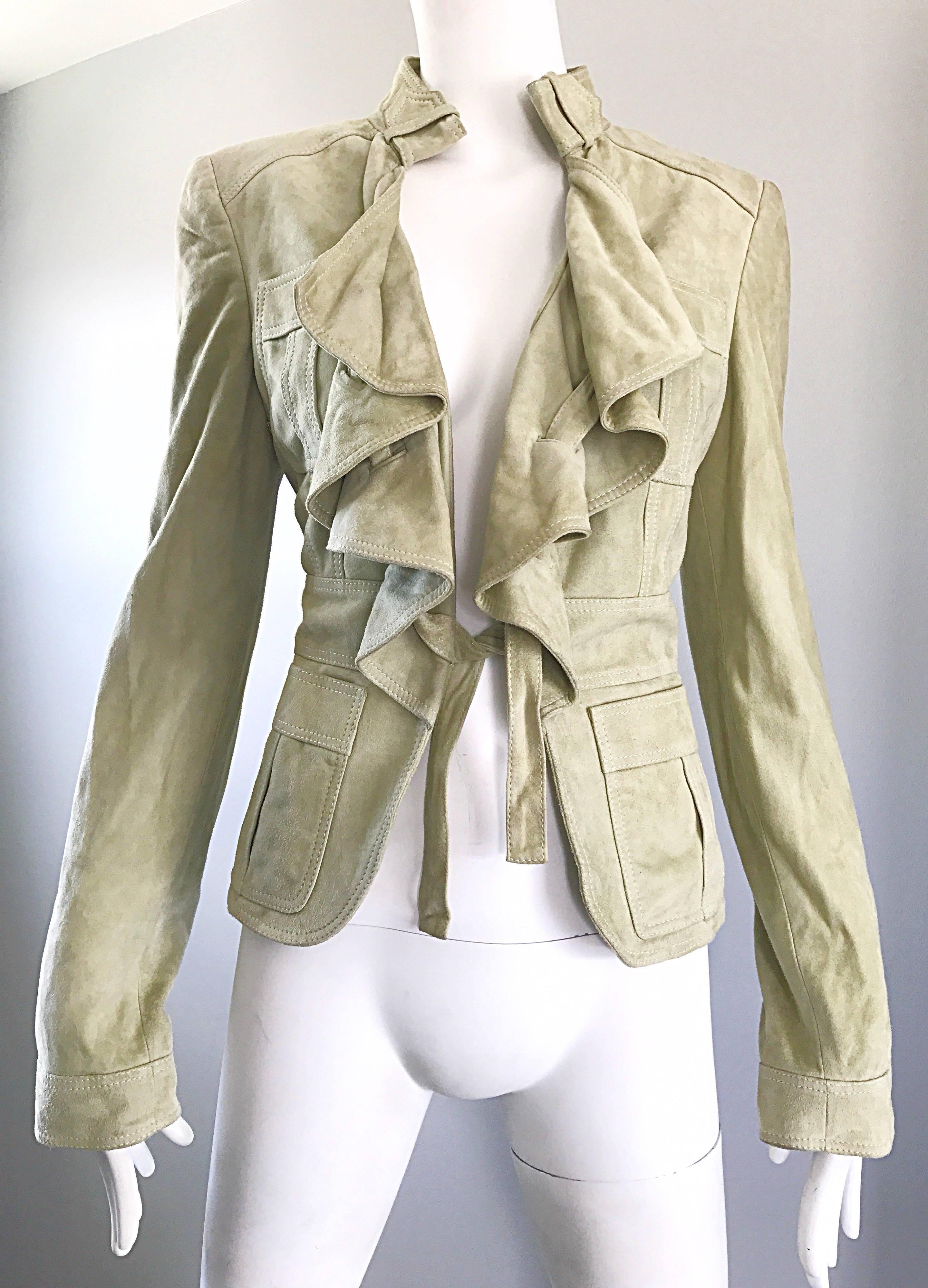 Women's Tom Ford for Gucci Pistachio Khaki Suede Leather 1990s Vintage Ruffle Jacket 