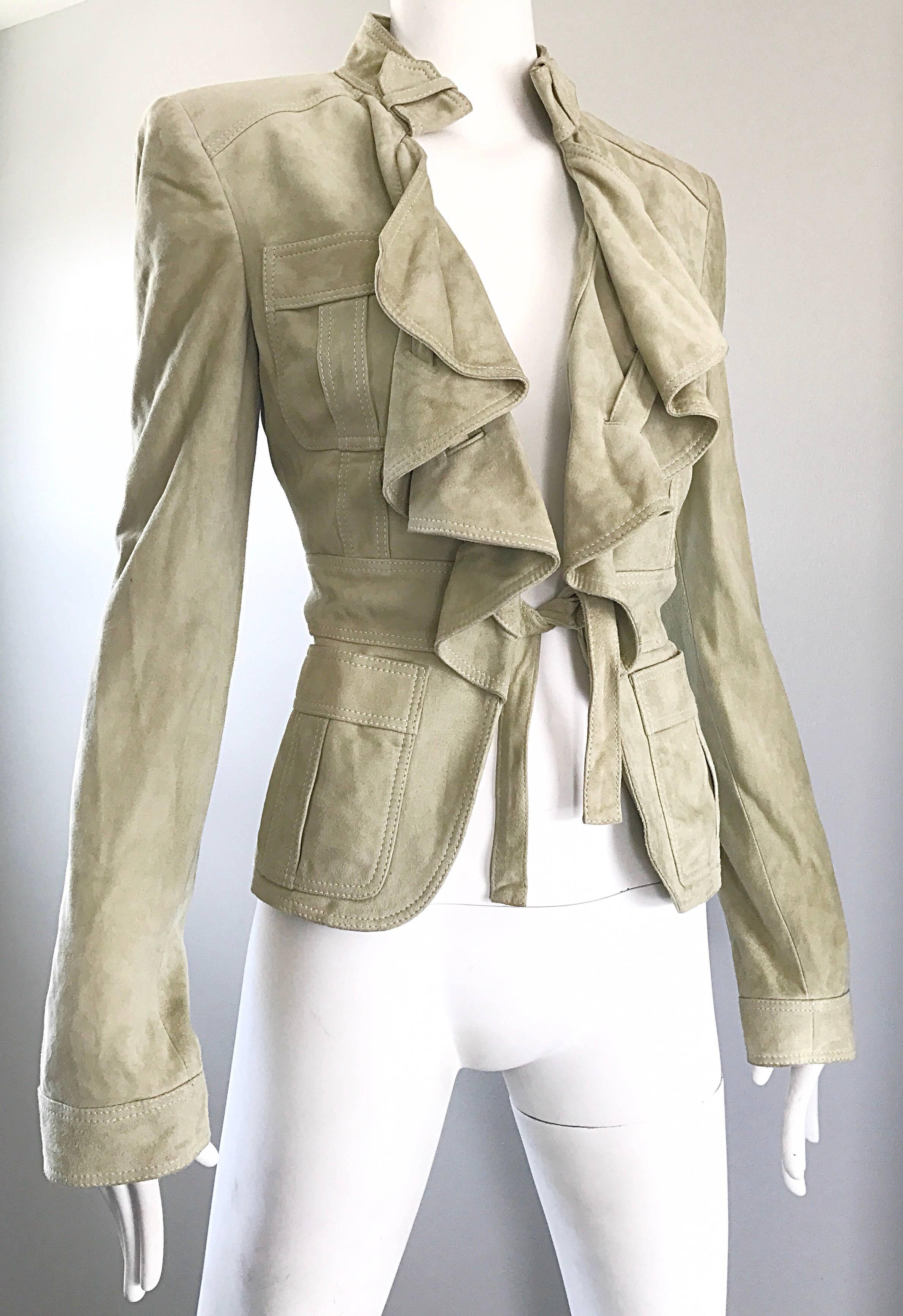 Tom Ford for Gucci Pistachio Khaki Suede Leather 1990s Vintage Ruffle Jacket  1