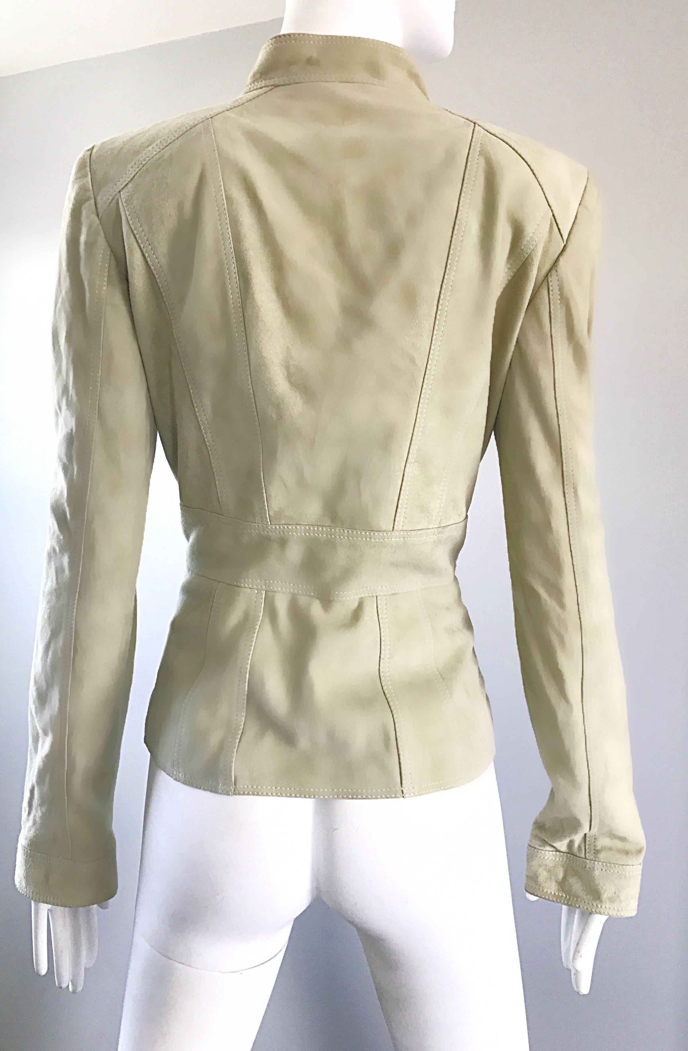 Tom Ford for Gucci Pistachio Khaki Suede Leather 1990s Vintage Ruffle Jacket  2