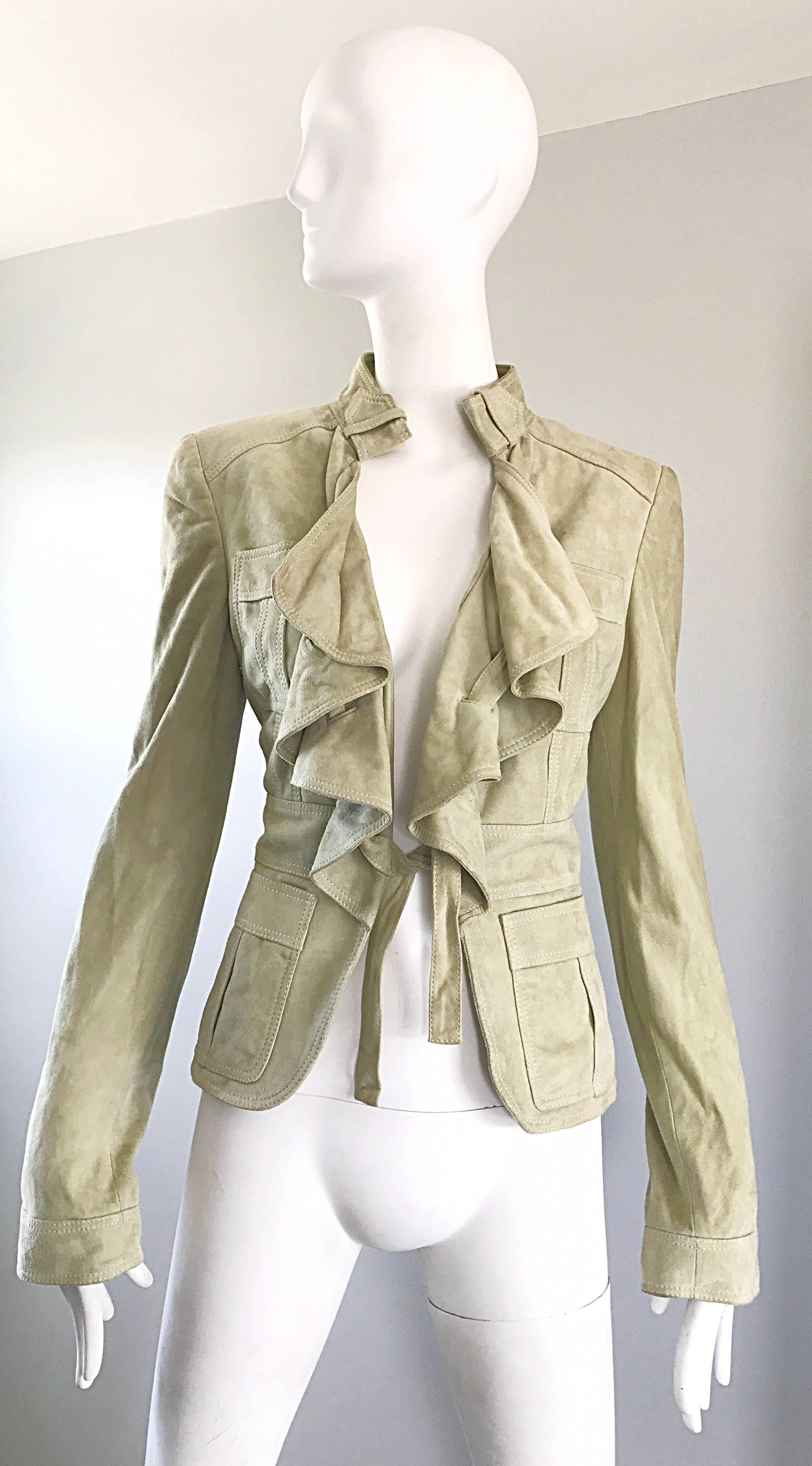 Tom Ford for Gucci Pistachio Khaki Suede Leather 1990s Vintage Ruffle Jacket  3