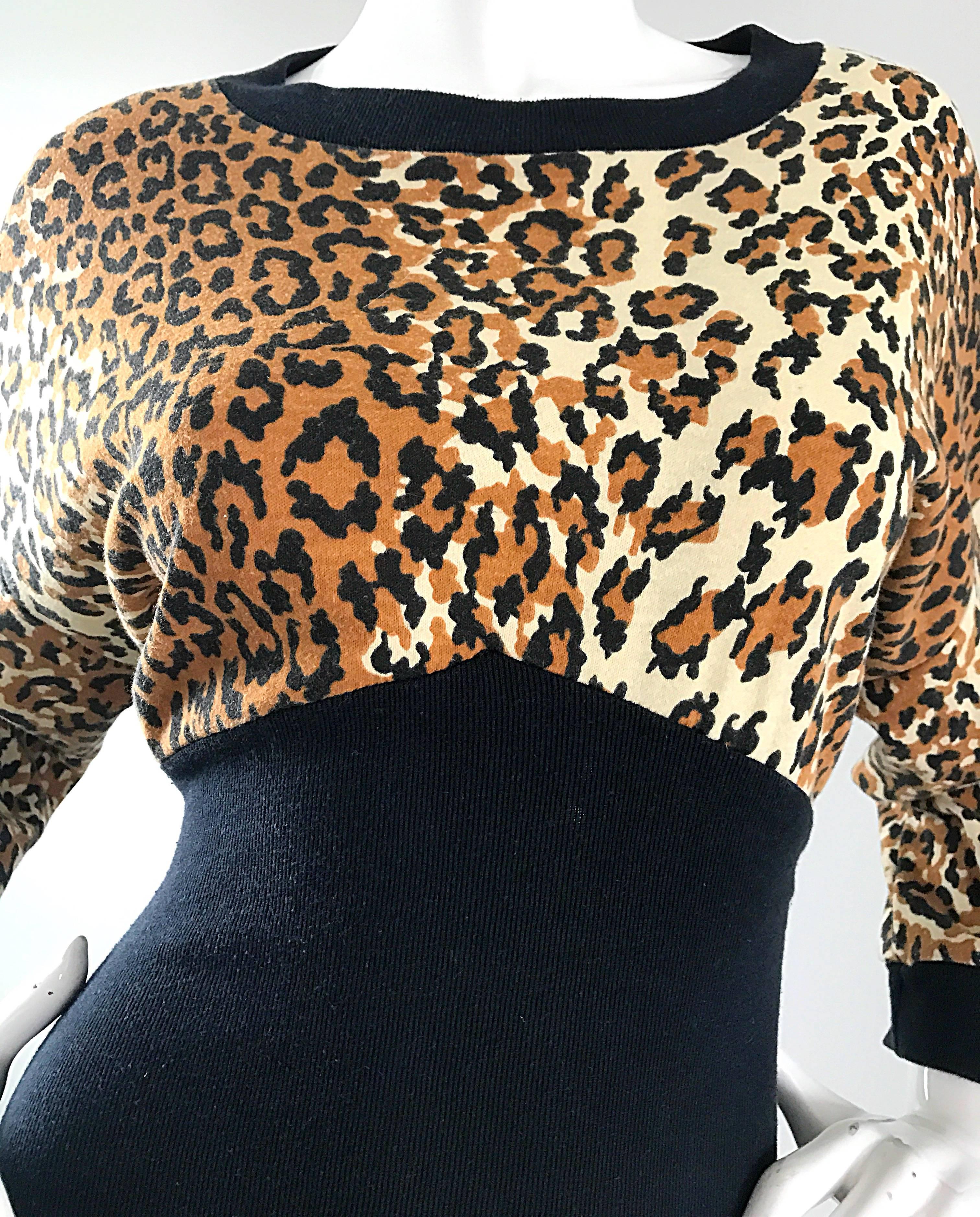 Increíble Vestido Sudadera Años 80 Vintage 80s Manga Dolman Estampado Leopardo Guepardo Negro en venta