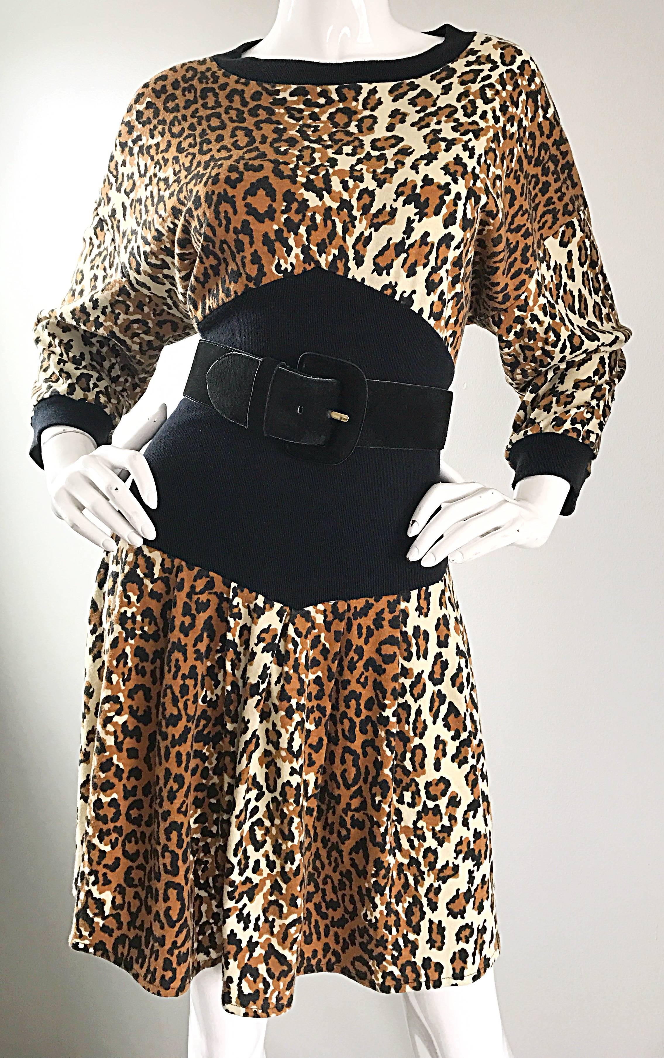 Black Amazing 1980s Leopard Cheetah Print Dolman Sleeve Vintage 80s Sweatshirt Dress For Sale