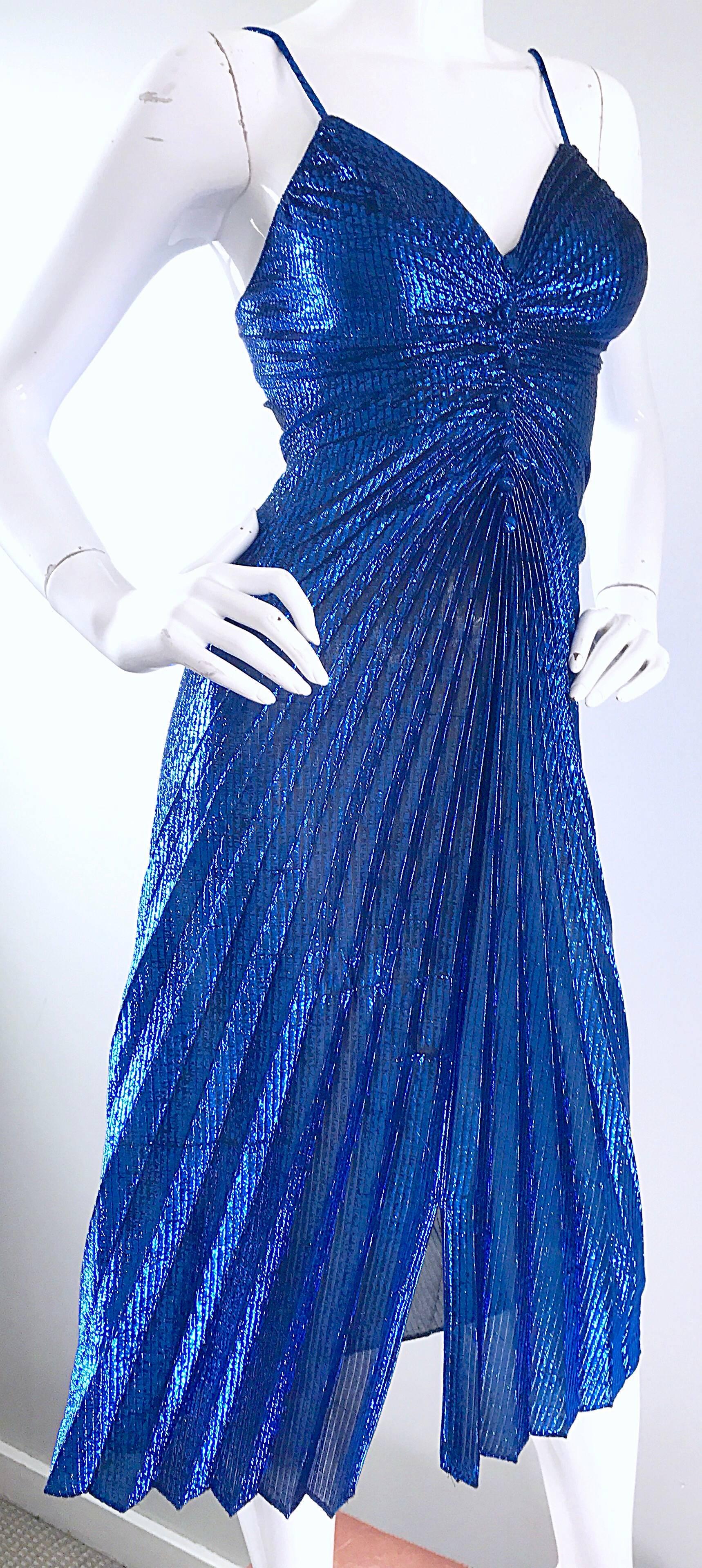 1970s Samir Metallic Blue Pleated Disco Vintage 70s Studio 54 Sexy Slinky Dress  3