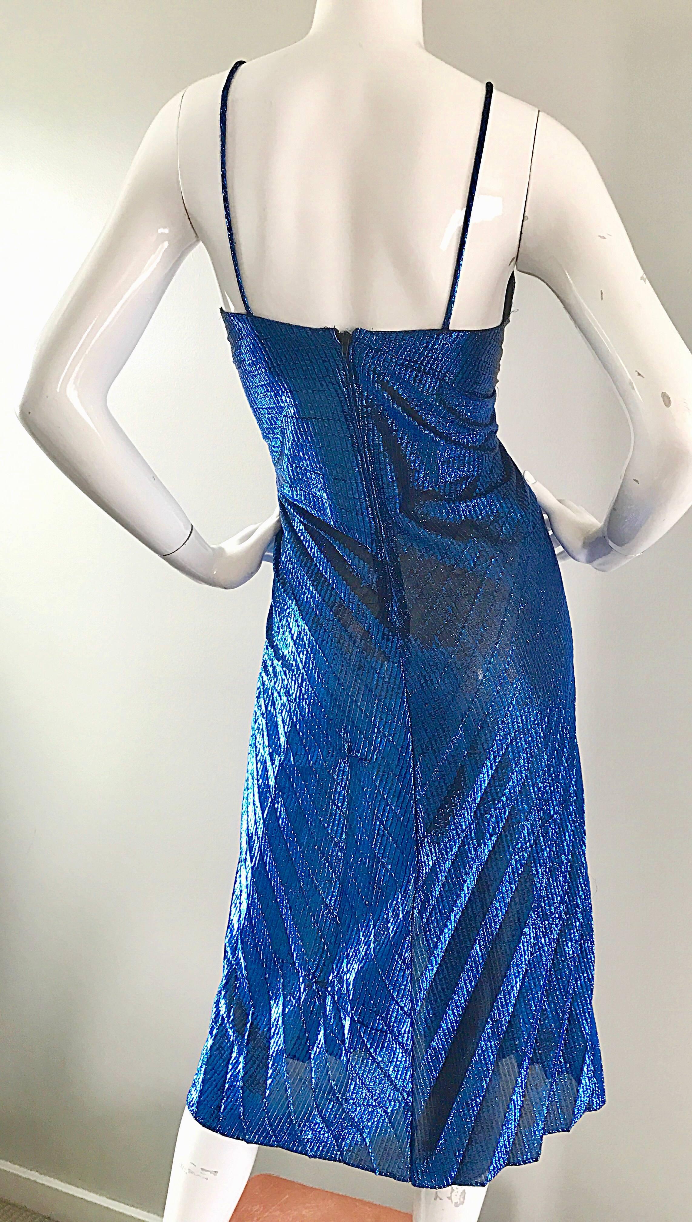 1970s Samir Metallic Blue Pleated Disco Vintage 70s Studio 54 Sexy Slinky Dress  In Excellent Condition In San Diego, CA