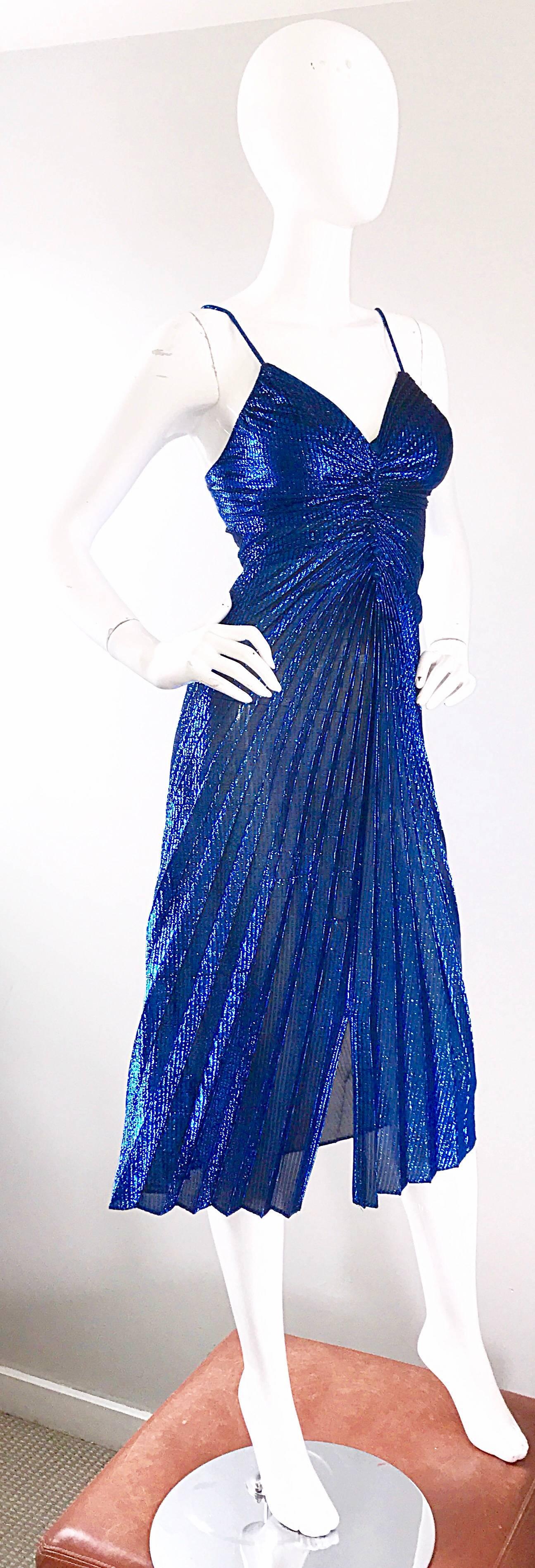 1970s Samir Metallic Blue Pleated Disco Vintage 70s Studio 54 Sexy Slinky Dress  2