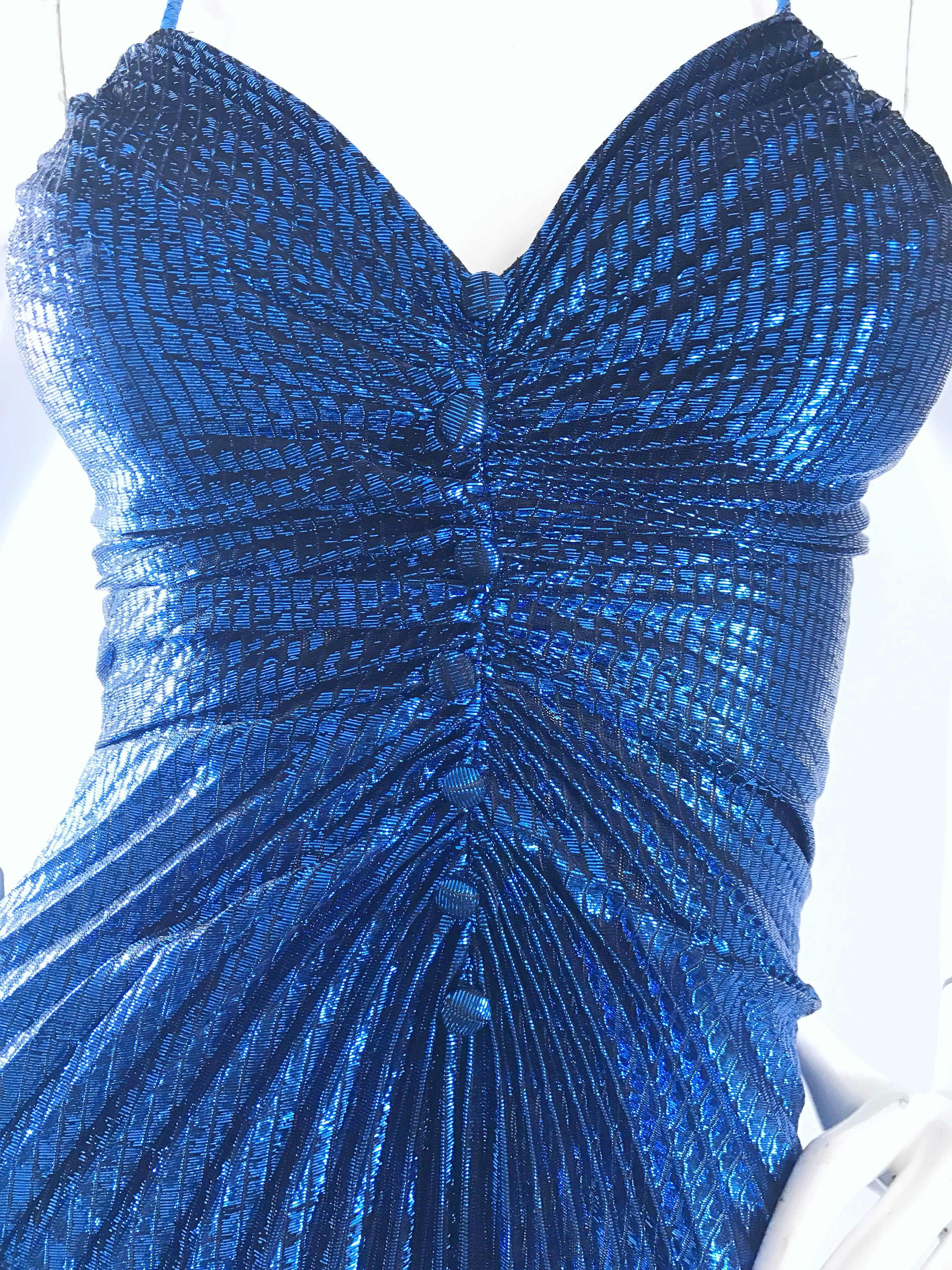 Women's 1970s Samir Metallic Blue Pleated Disco Vintage 70s Studio 54 Sexy Slinky Dress 