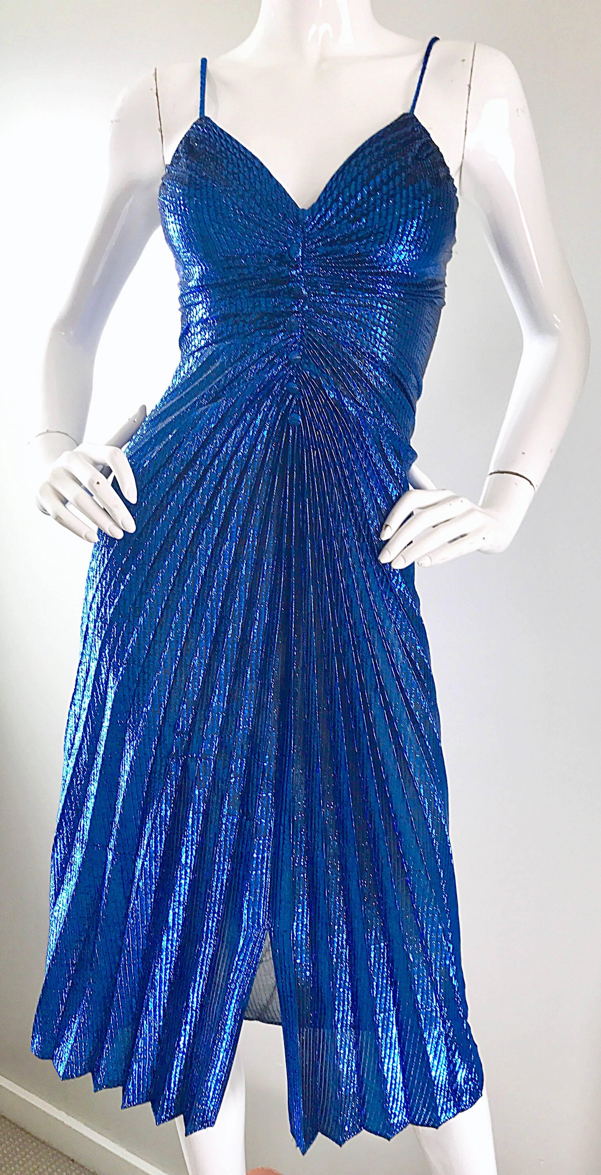 1970s Samir Metallic Blue Pleated Disco Vintage 70s Studio 54 Sexy Slinky Dress  1