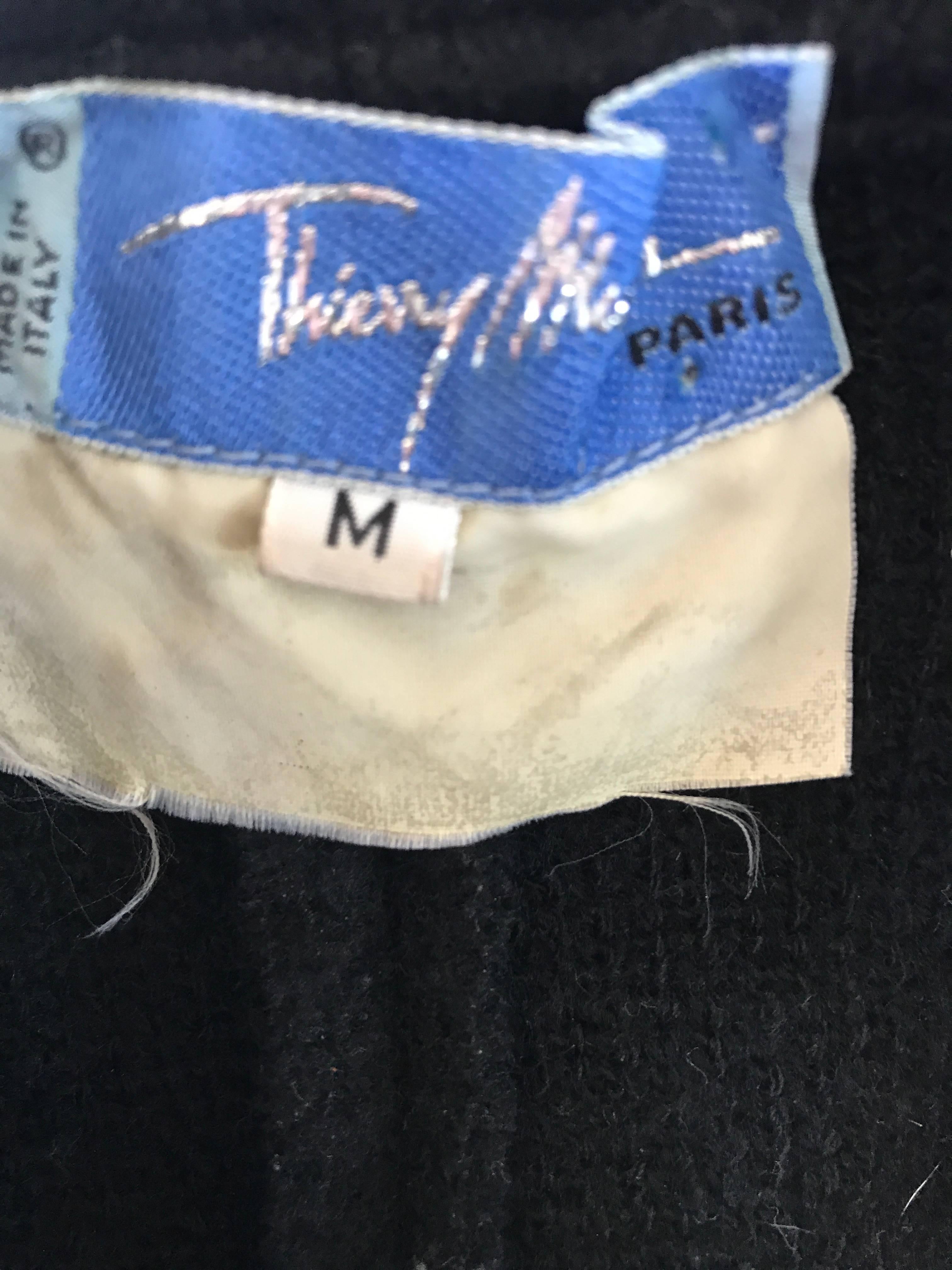 Rare Vintage Thierry Mugler Black Fringe Collar Avant Garde Boiled Wool Jacket  For Sale 3